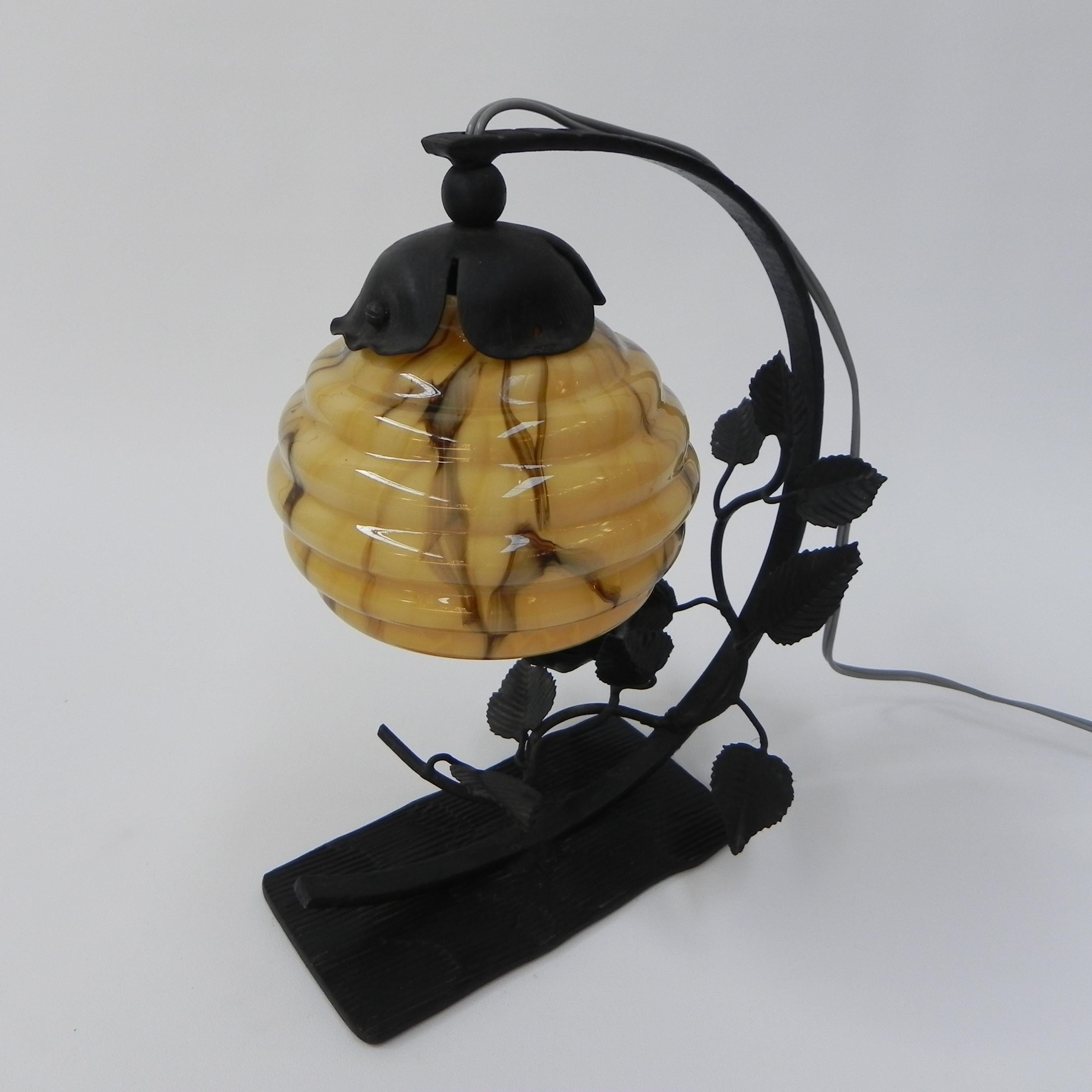 Belgian Art Deco table lamp with glass ball and steel base For Sale