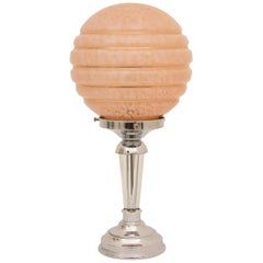 Antique Art Deco Table Lamp with Glass Rod Column and Large Ribbed Mottled Pink Globe