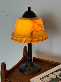Art Deco Table Lamp with Marbleised Amber Glass Shade, Scandinavia