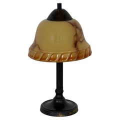 Art Deco Table Lamp with Marbleised Amber Glass Shade, Scandinavia