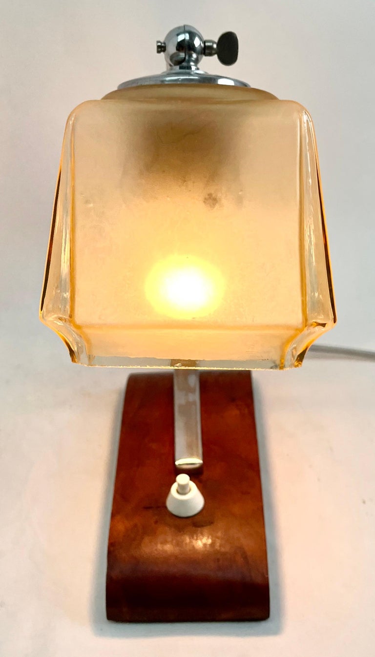 Art Deco Table Lamp with Milk Glass Shade and Chrome Fitting / Wooden