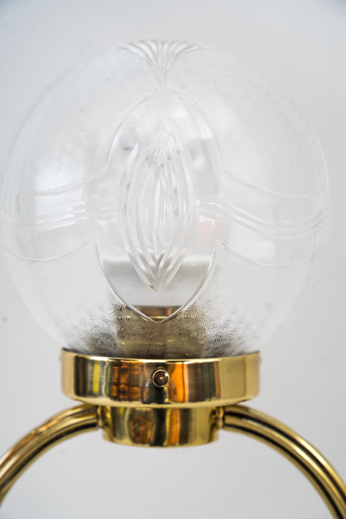 Brass Art Deco Table Lamp with Original Cut Glass Shade Vienna Around 1920s