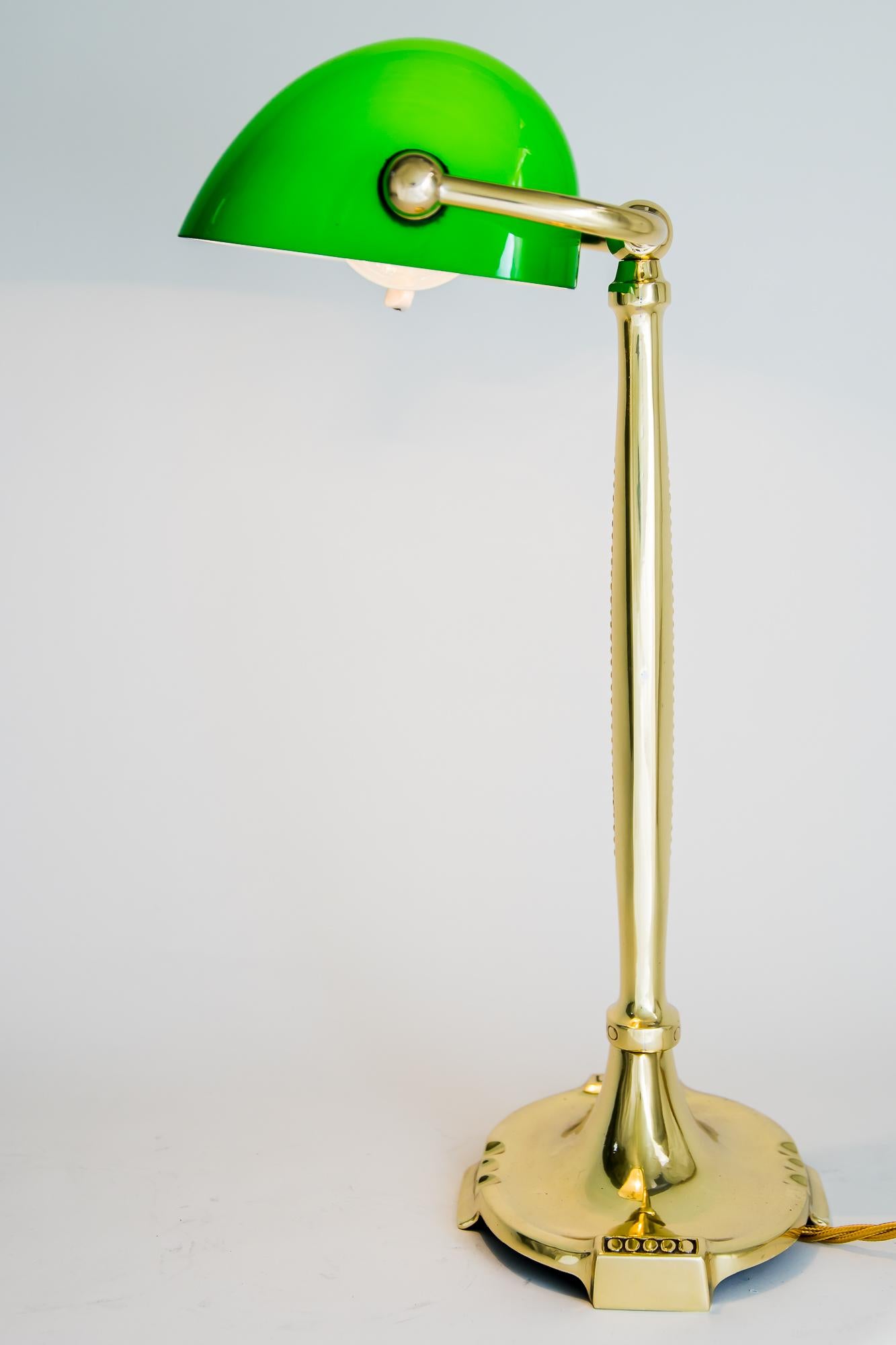 Brass Art Deco Table Lamp with Original Green Shade, Vienna, Around 1920s