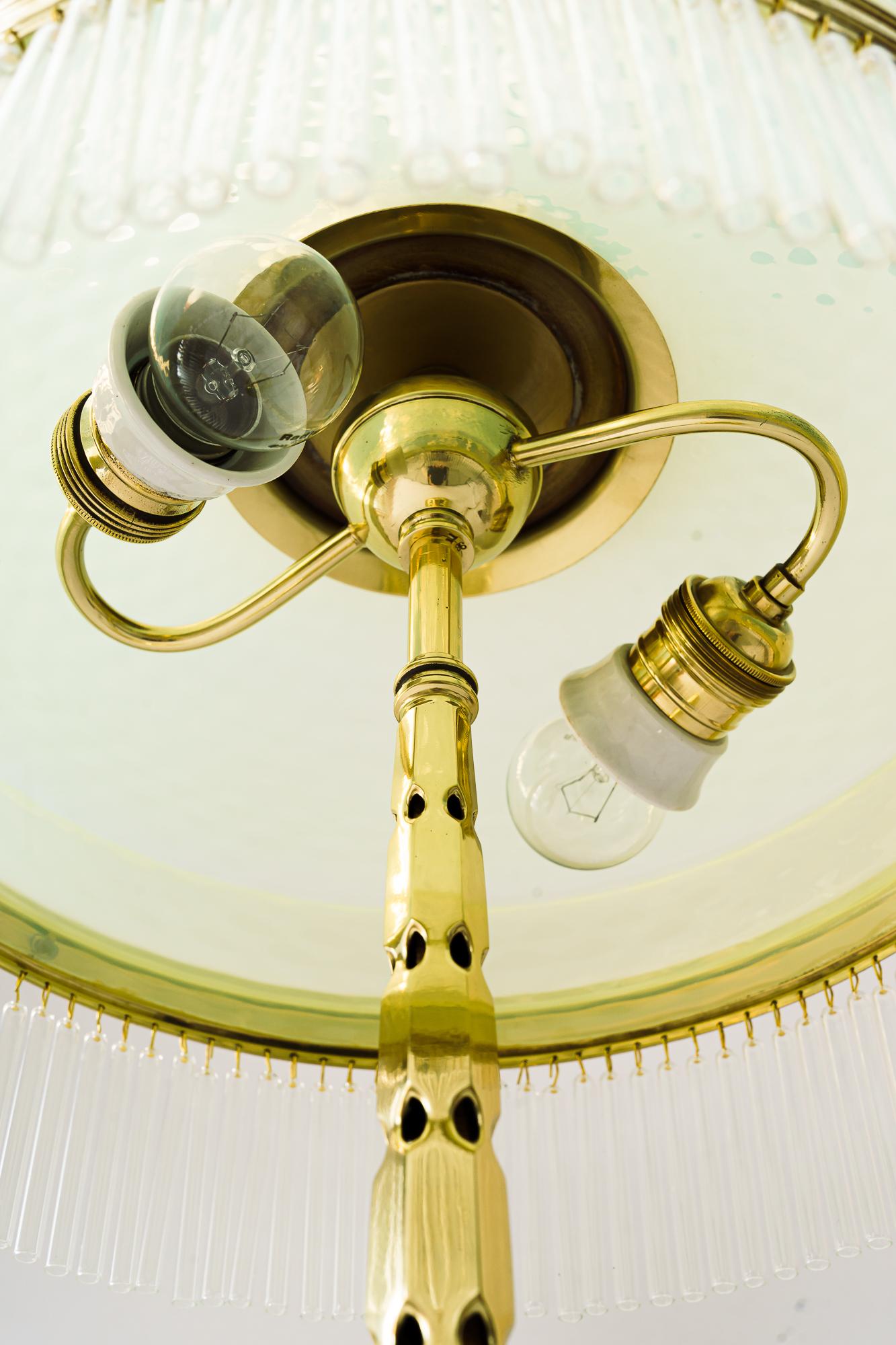 Brass Art Deco Table Lamp with Originla Opaline Glass Shade Vienna Around, 1920s For Sale