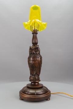 Art Deco Table Lamp with Owl Sculpture and Yellow Glass Lampshade, ca. 1920