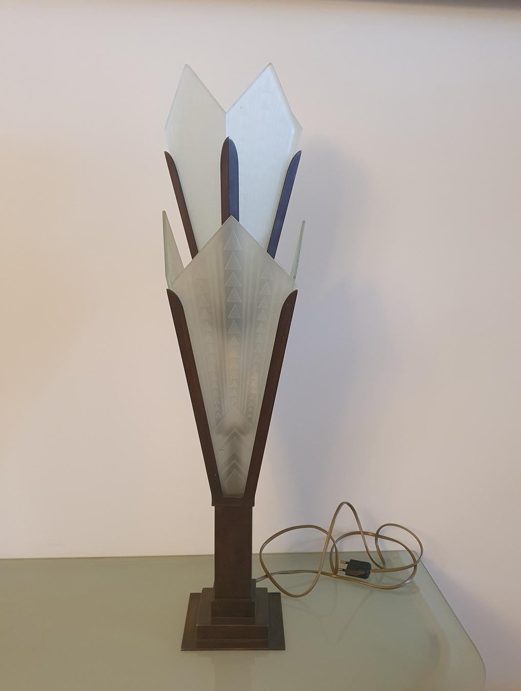 Art Deco lamp with old bronze finish and sanded glasses.