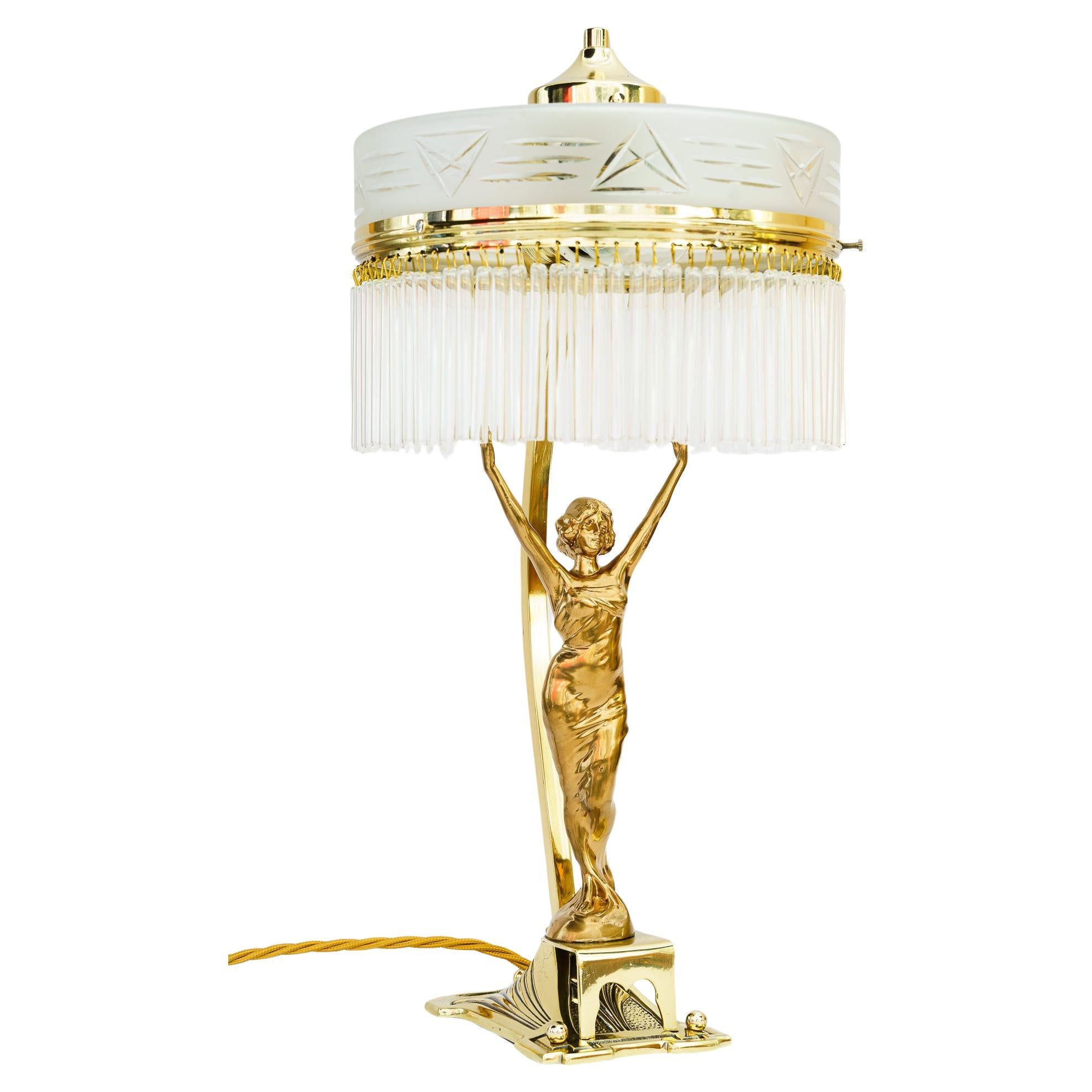 Art Deco Table lamp with tin figurine and glass shade vienna around 1920s For Sale