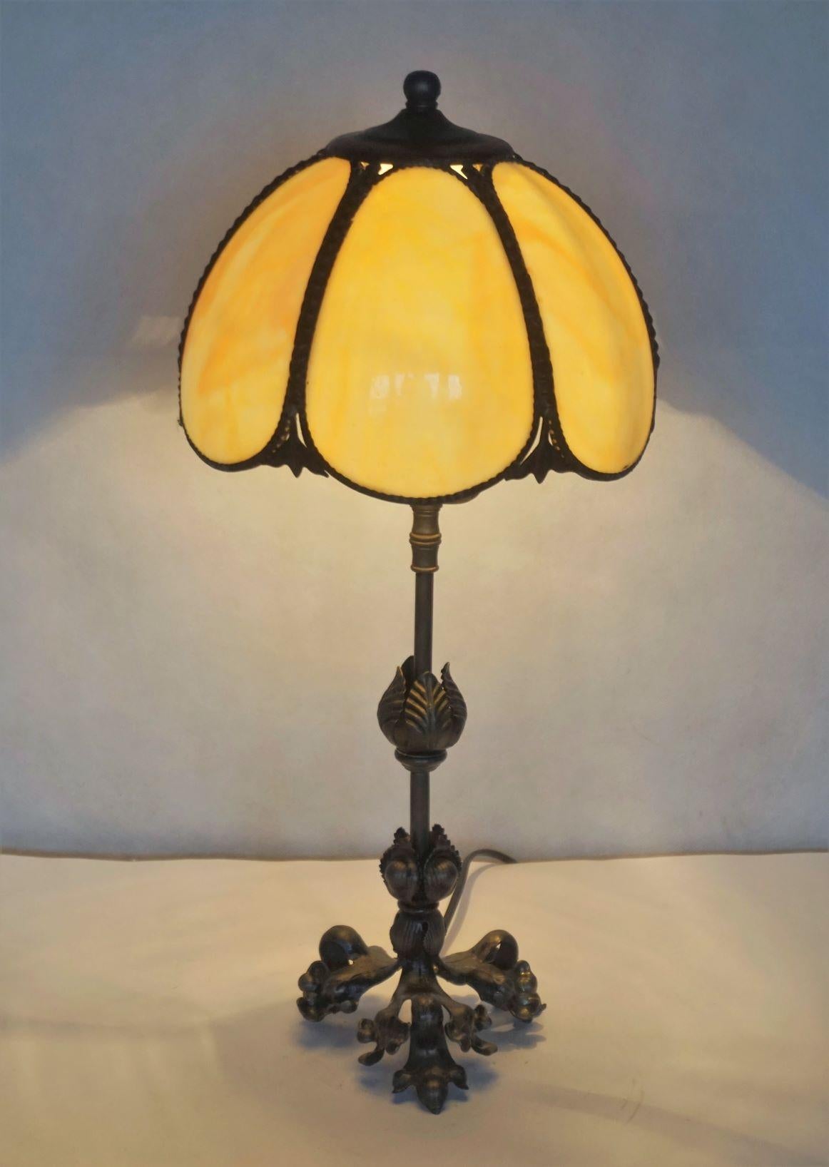 French Art Deco Table Lamp Wrought Iron with Bent Slag Glass Shade, France, 1930s