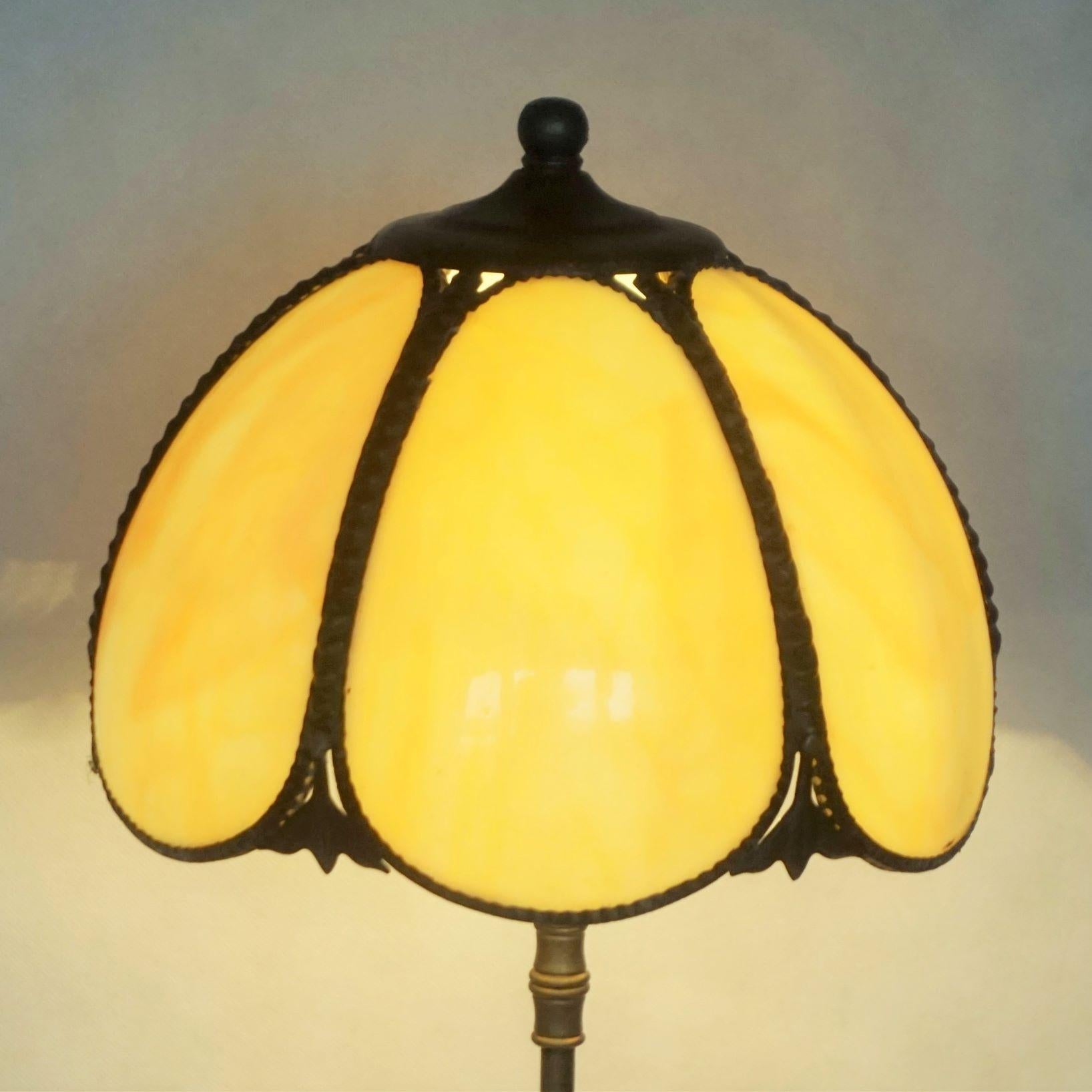 Art Deco Table Lamp Wrought Iron with Bent Slag Glass Shade, France, 1930s 1