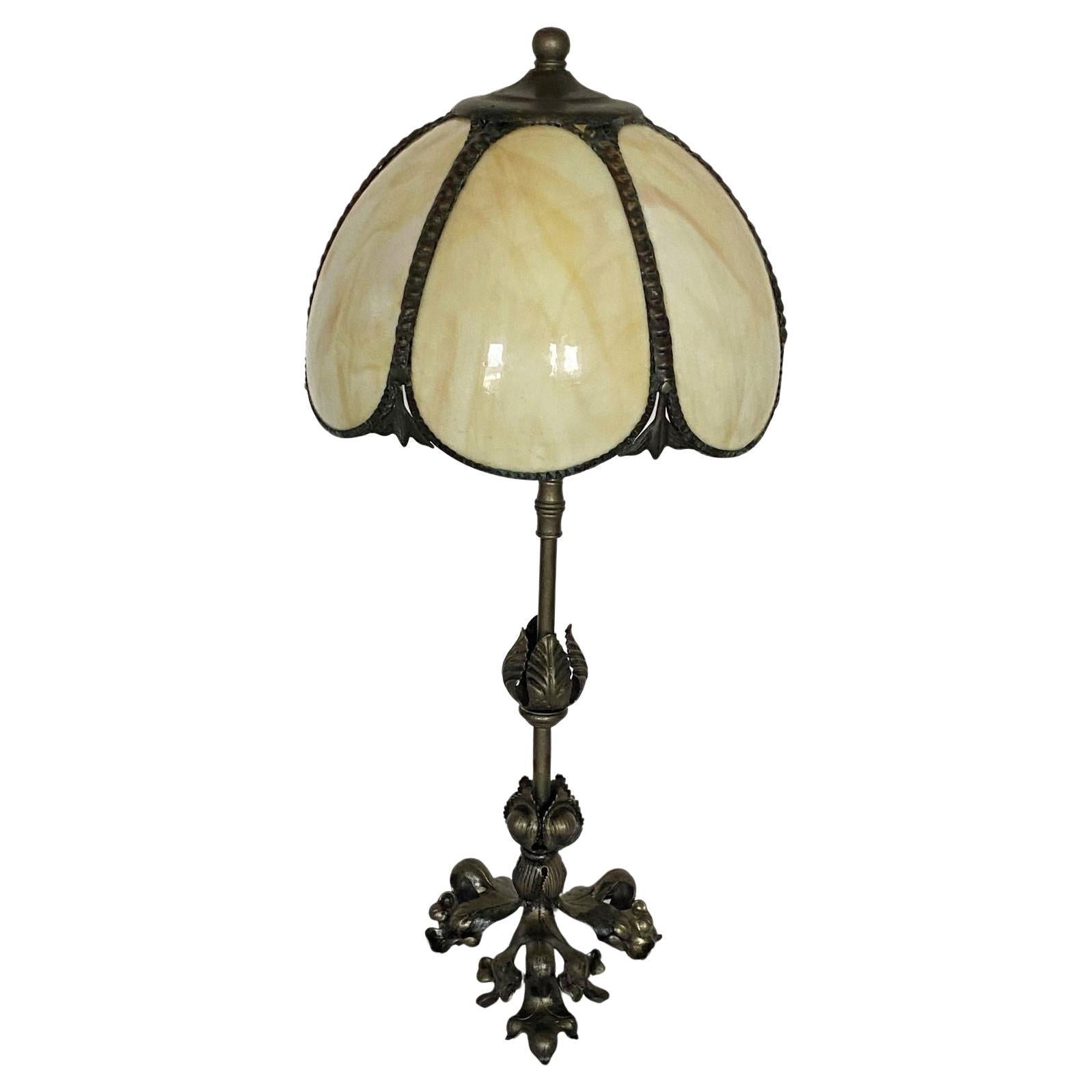Art Deco Table Lamp Wrought Iron with Bent Slag Glass Shade, France, 1930s