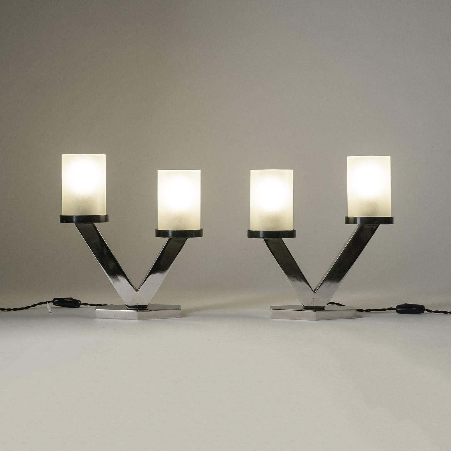 Lacquered Art Deco Table Lamps, 1920s, Nickel and Glass For Sale