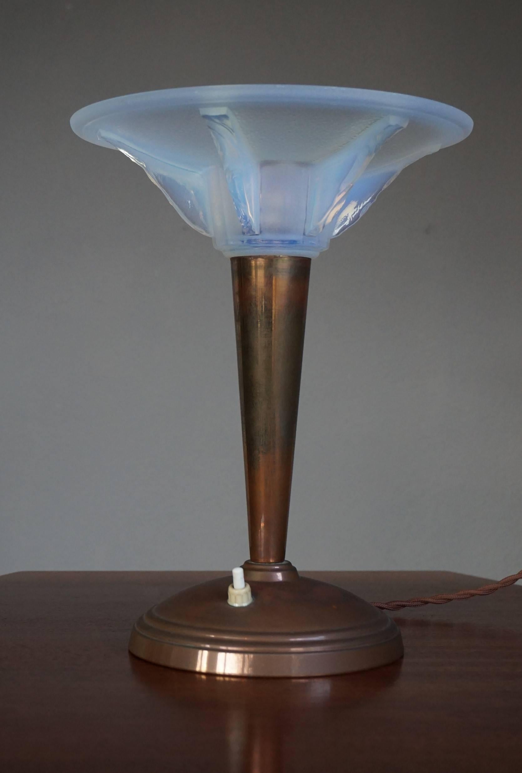 Art Deco Table or Desk Lamp with a Lalique Style Iridescent Blue Glass Shade 4