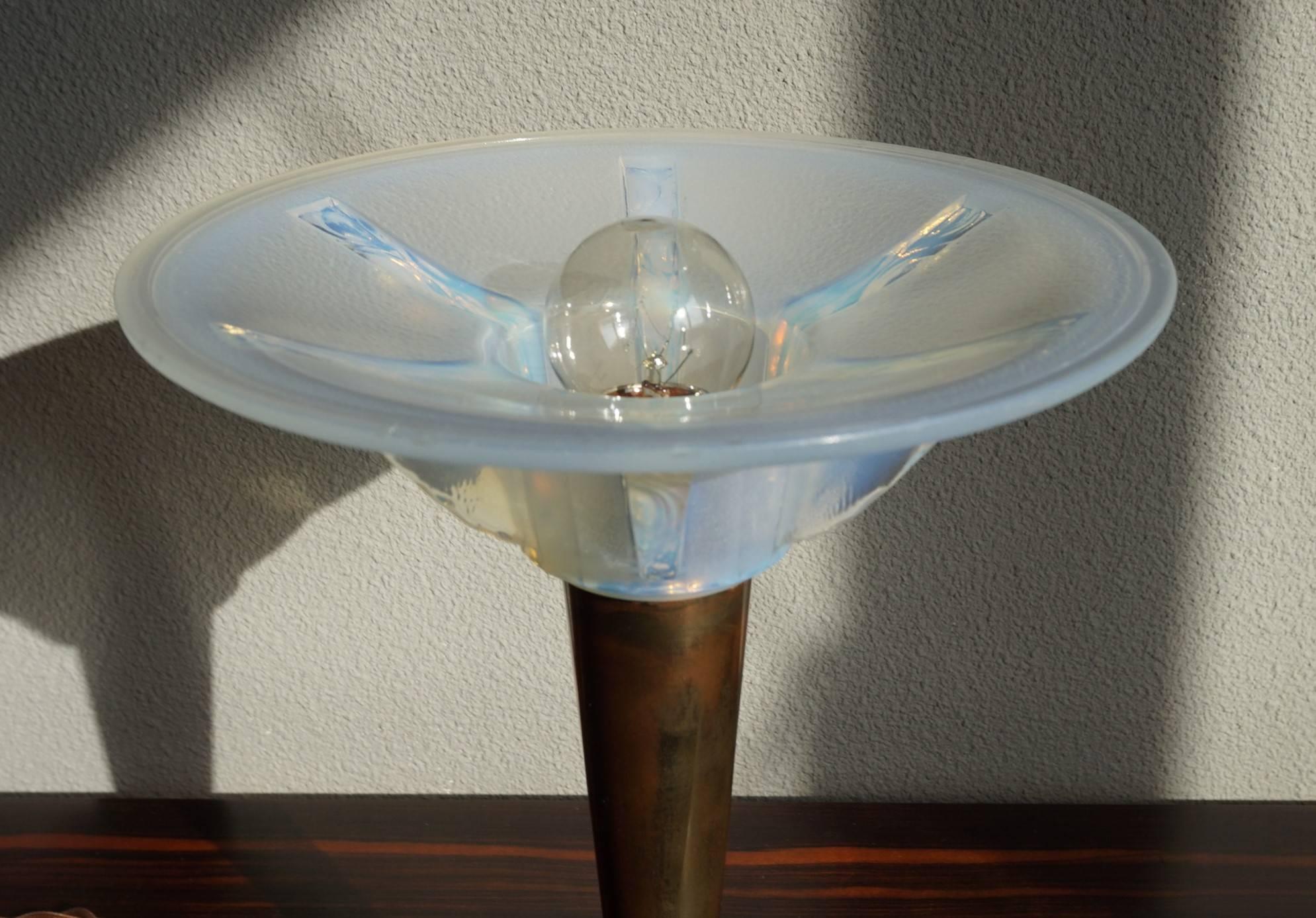 Hand-Crafted Art Deco Table or Desk Lamp with a Lalique Style Iridescent Blue Glass Shade