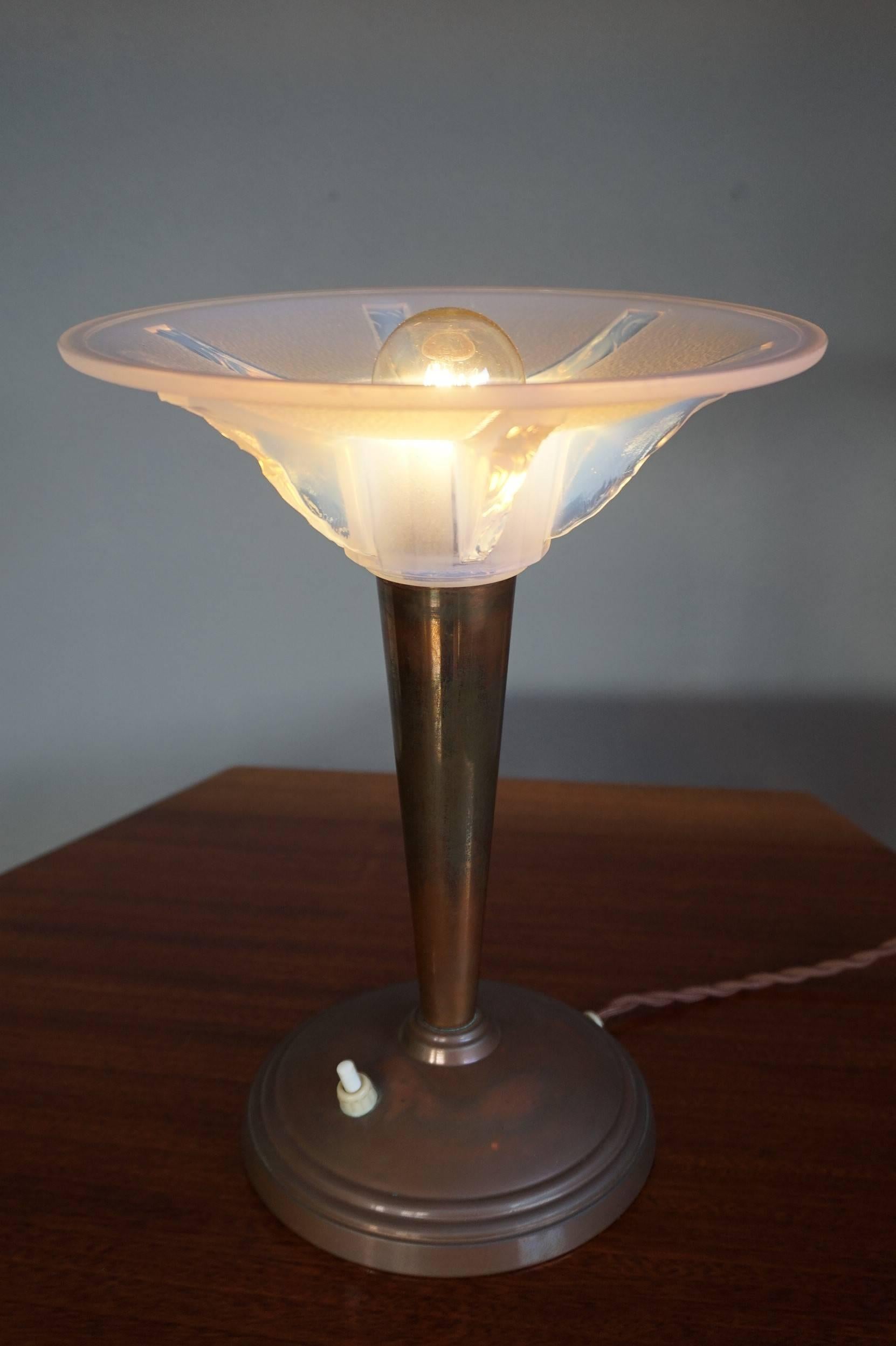 20th Century Art Deco Table or Desk Lamp with a Lalique Style Iridescent Blue Glass Shade