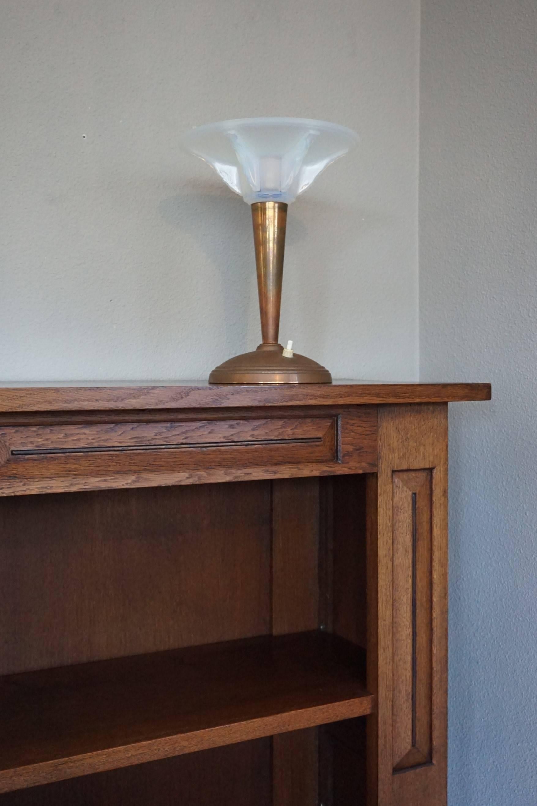 Art Deco Table or Desk Lamp with a Lalique Style Iridescent Blue Glass Shade 1
