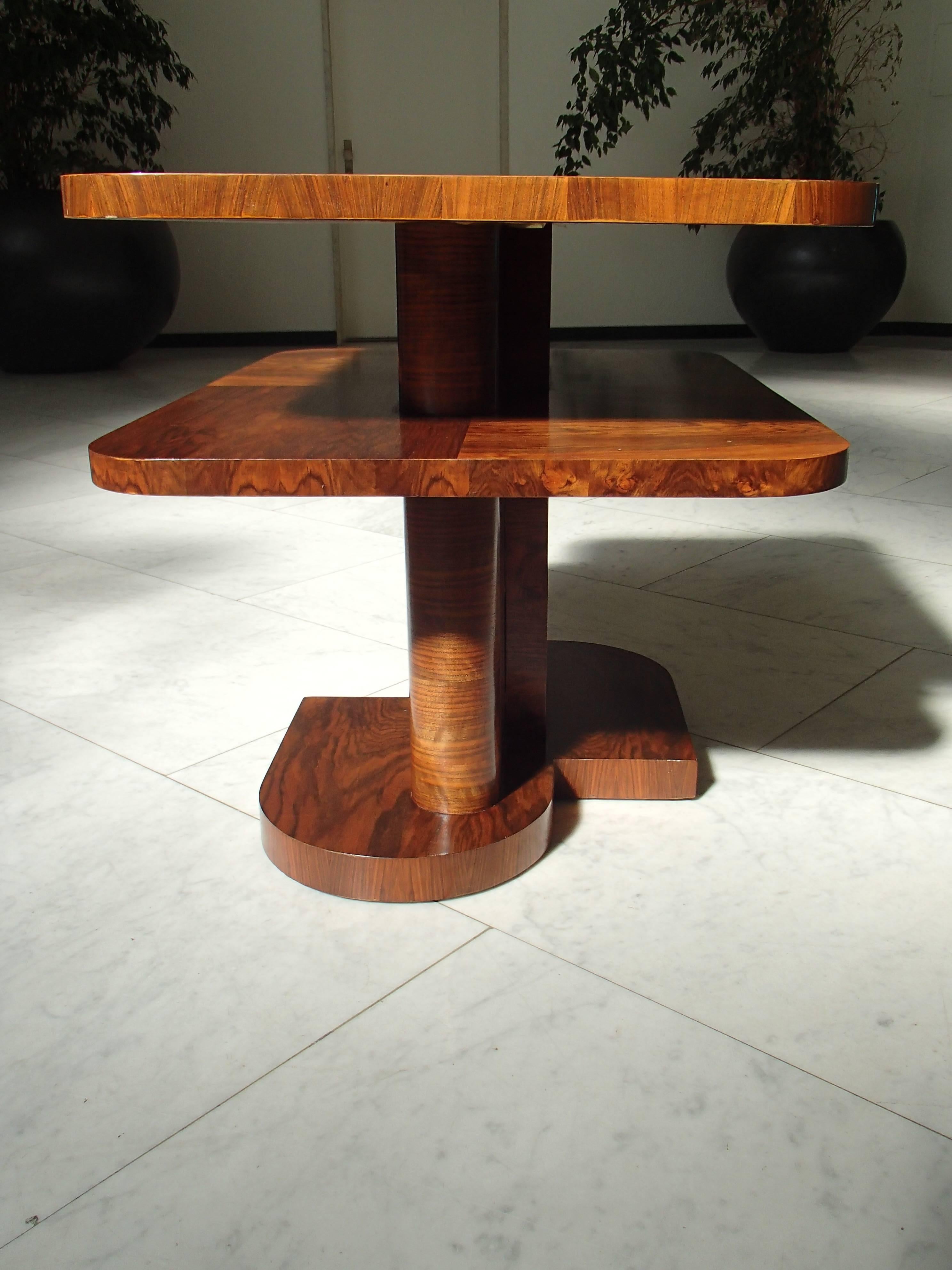 French Art Deco Table or Low Console Rose Wood and Walnut Square Double Top For Sale