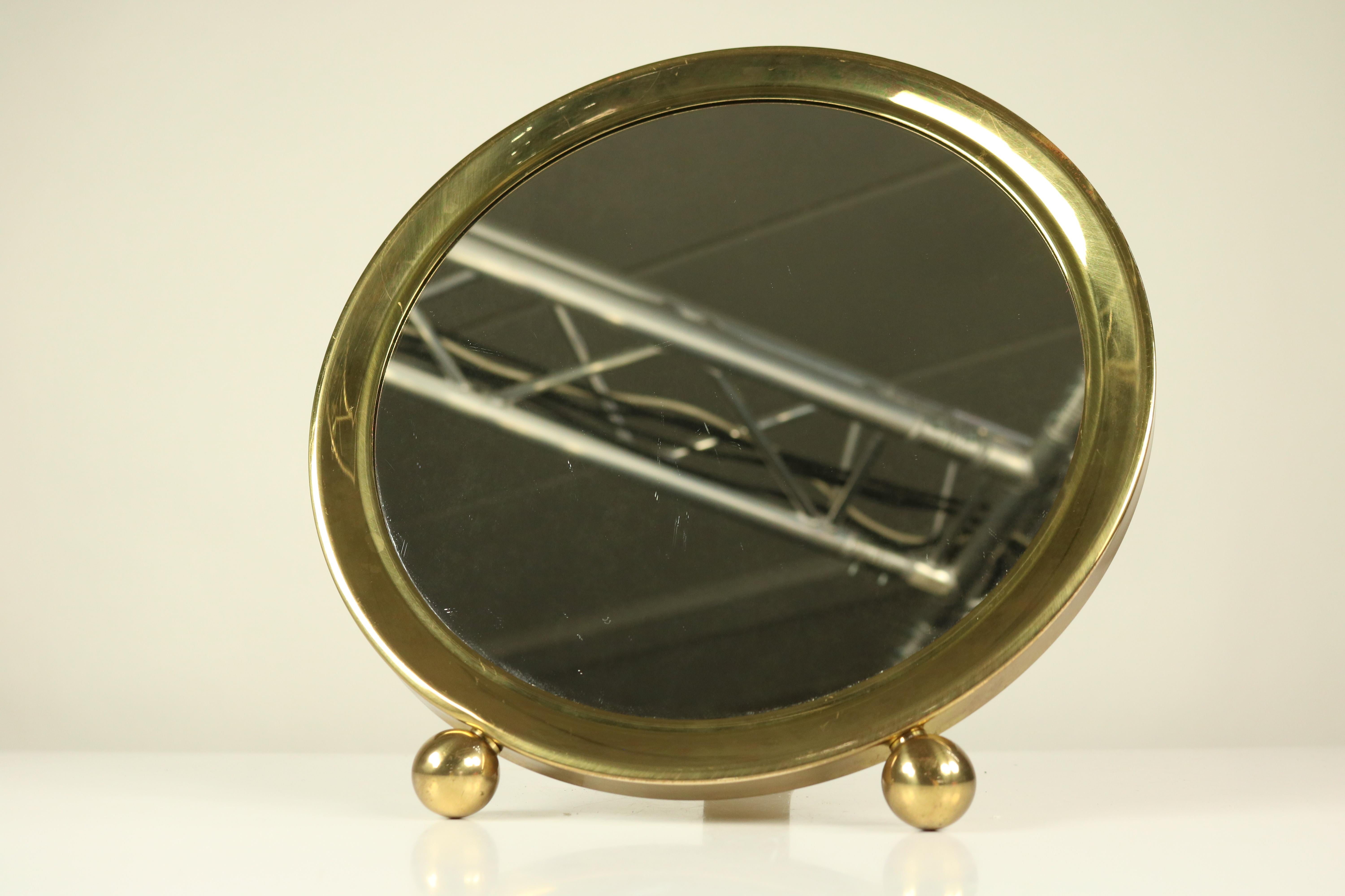 Art Deco Table Stand or Wall Mirror Brass Ball Feet VTG, 1940s-1950s In Fair Condition For Sale In Nürnberg, DE