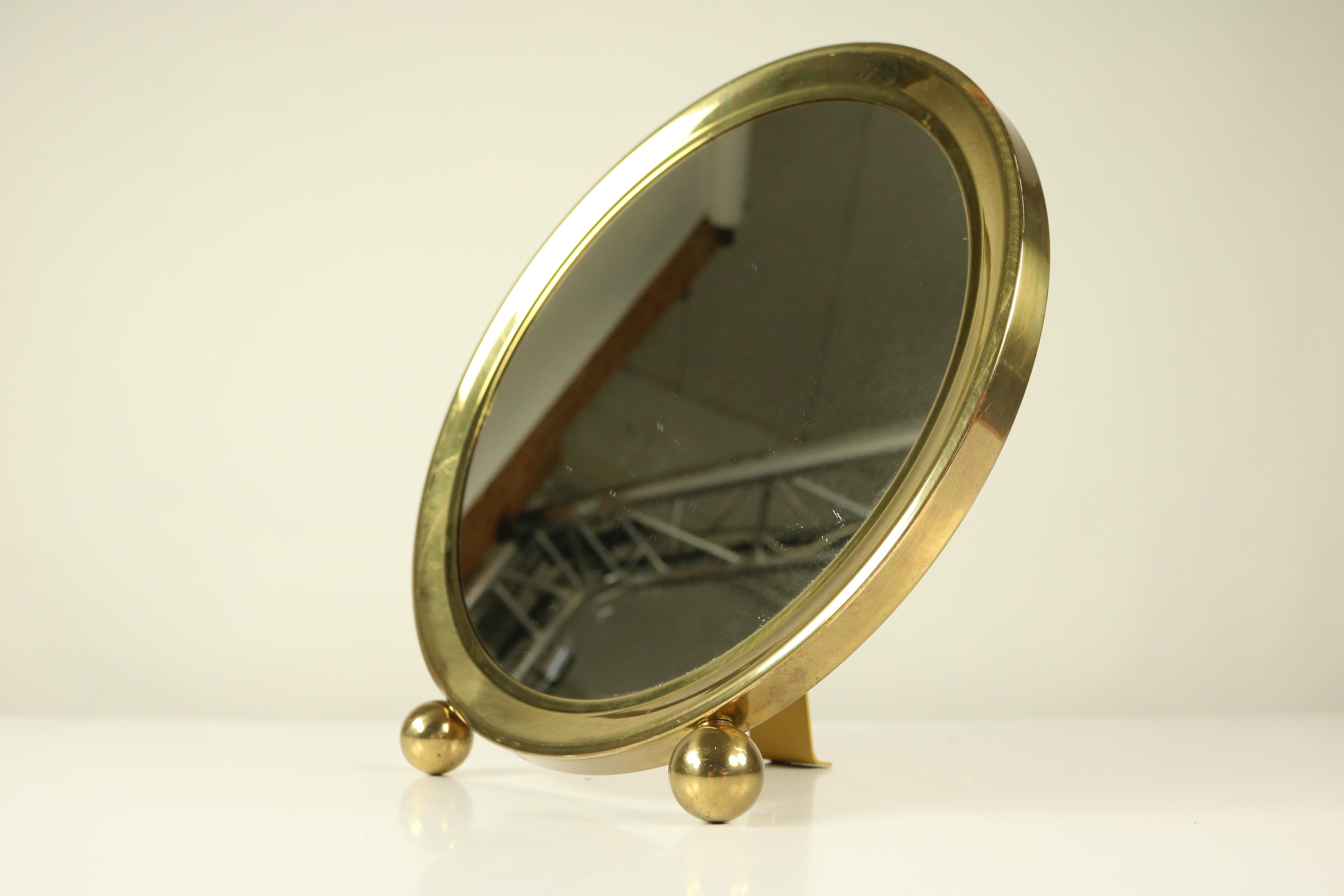 Mid-20th Century Art Deco Table Stand or Wall Mirror Brass Ball Feet VTG, 1940s-1950s For Sale