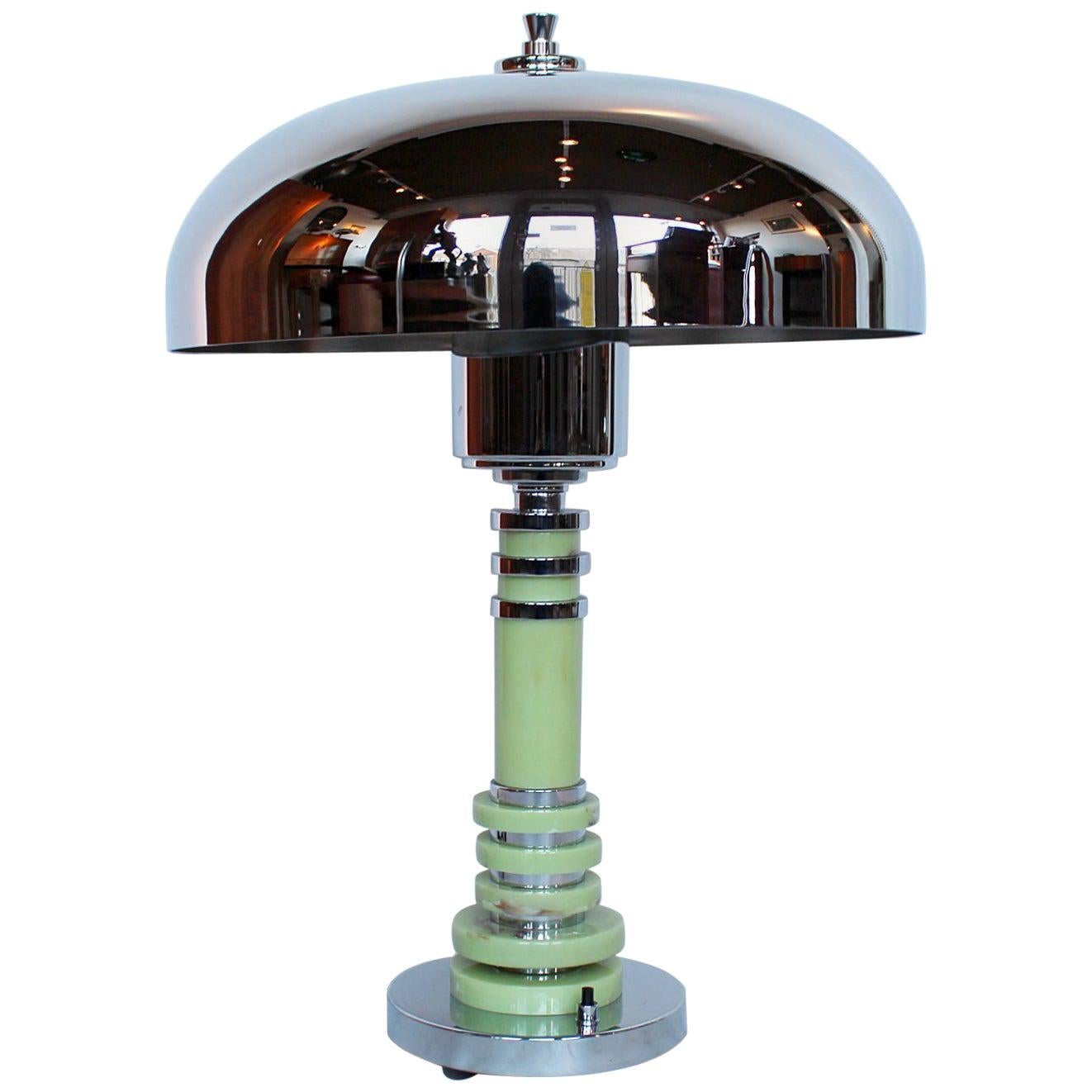 Art Deco Table Style Lamp with Chrome Shade and Mint Green Bakelite Stem