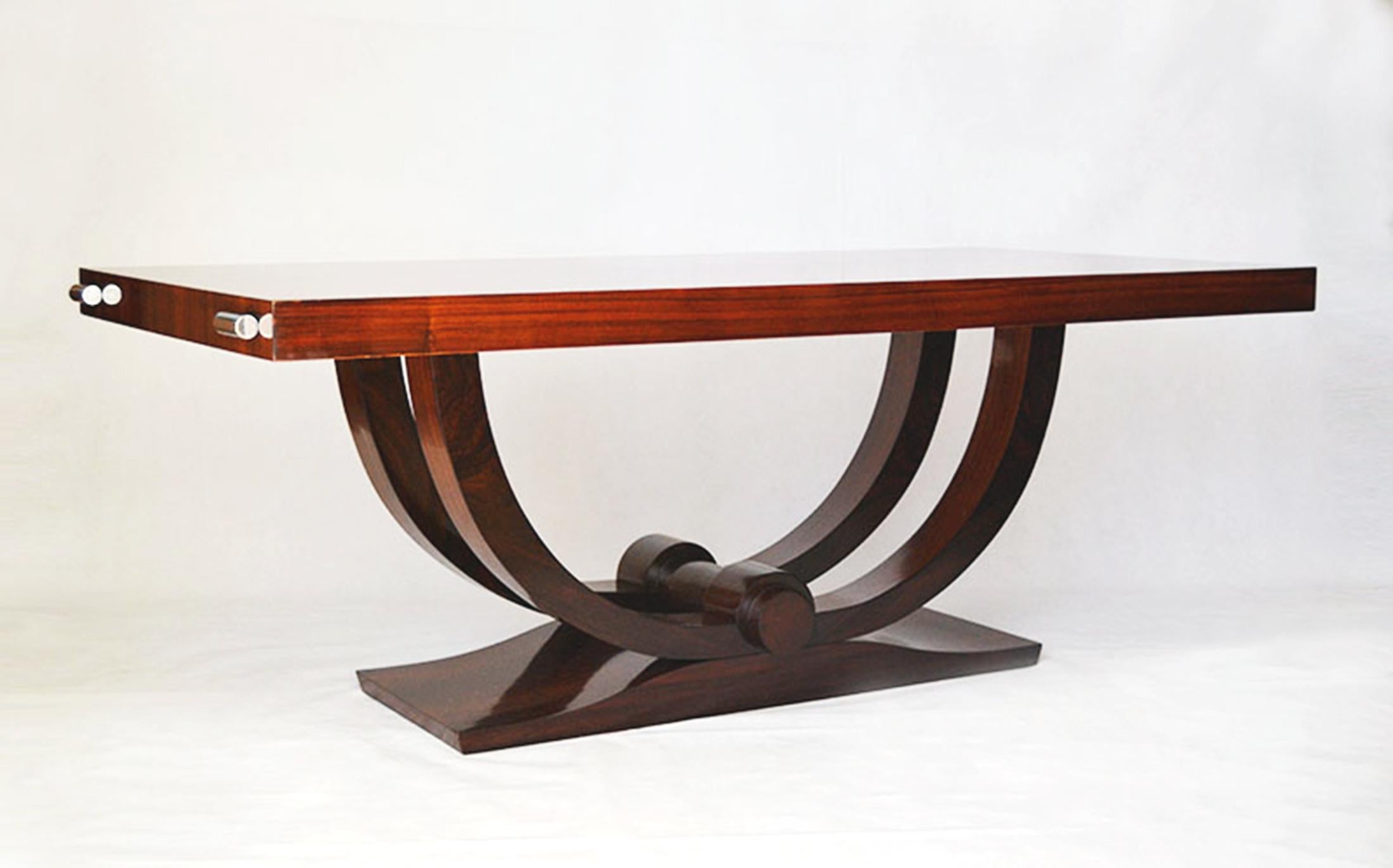 Mid-Century Modern Art Deco Table with Double Arch Base in Extendable Indian Rosewood 1930s, France For Sale