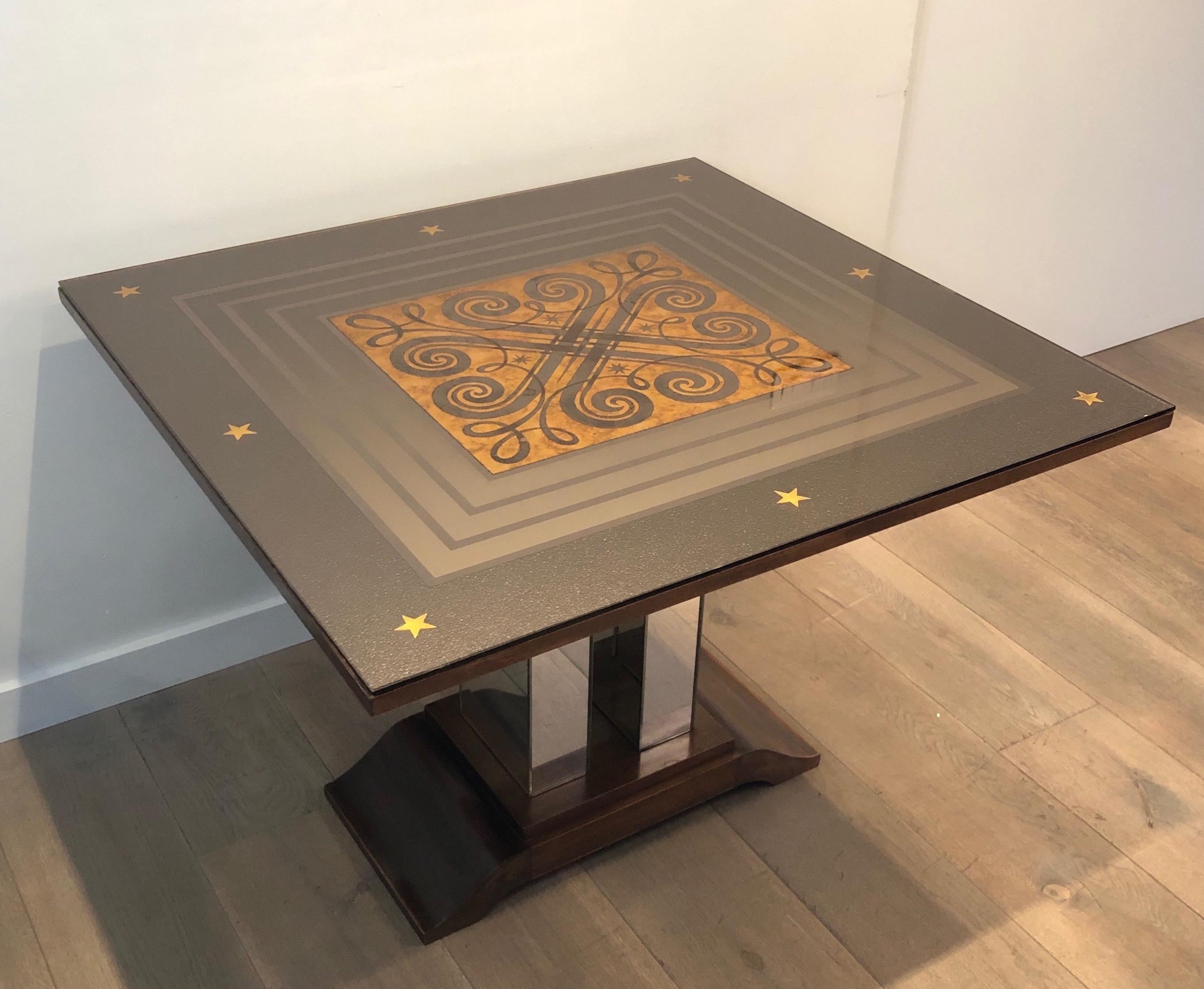 French Art Deco Table with Engraved Mirror in the Style of Jules Leleu and Max Ingrand For Sale