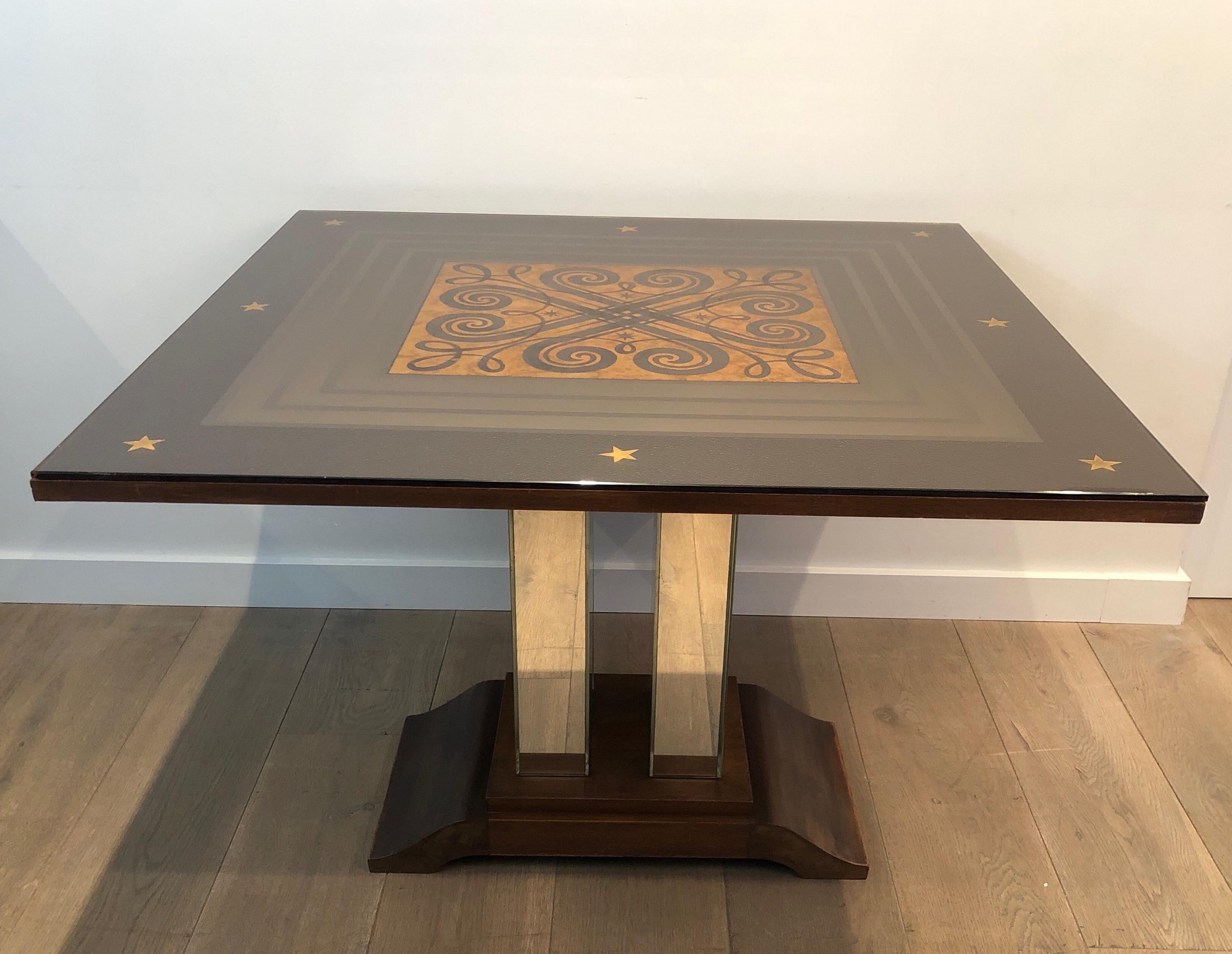 Art Deco Table with Engraved Mirror in the Style of Jules Leleu and Max Ingrand In Good Condition For Sale In Marcq-en-Barœul, Hauts-de-France