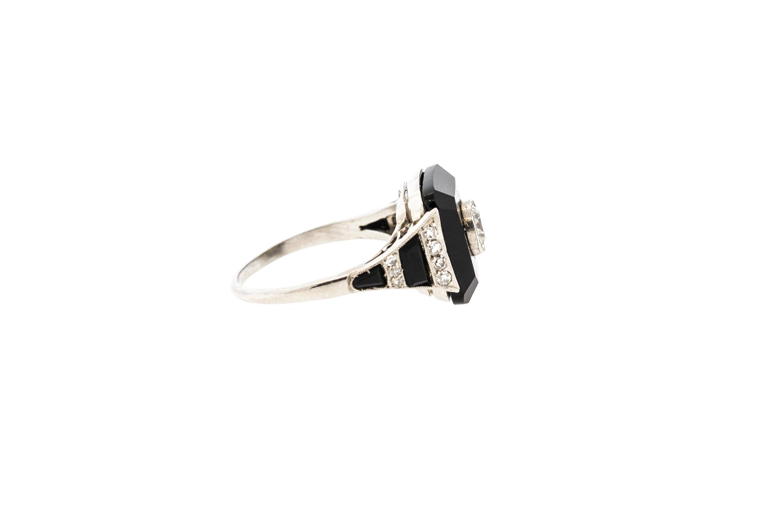 Art Deco Tablet Cut Onyx Diamond Platinum Ring 1