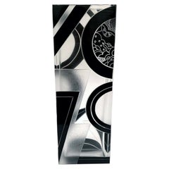 Art Deco Tall Black Enamel Glass & Etched Vase, c1935