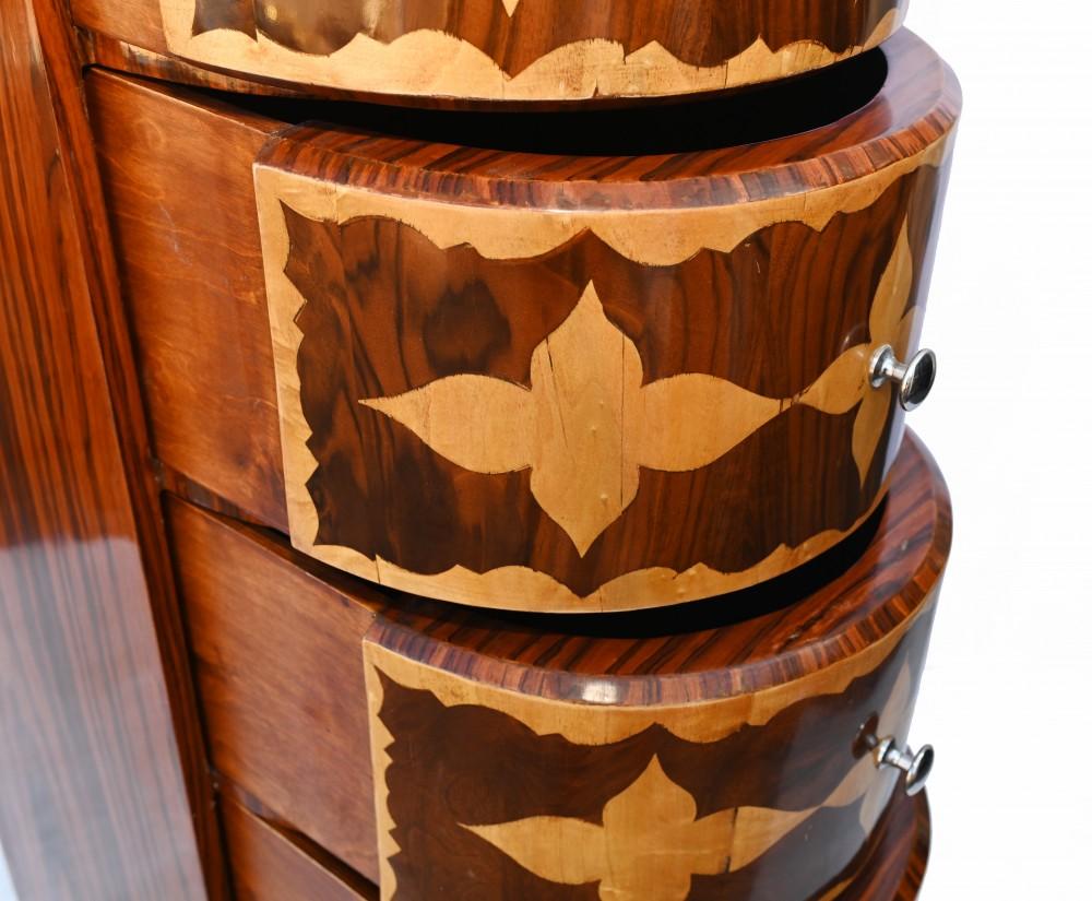 Wood Art Deco Tall Boy Chest Drawers Clover Inlay