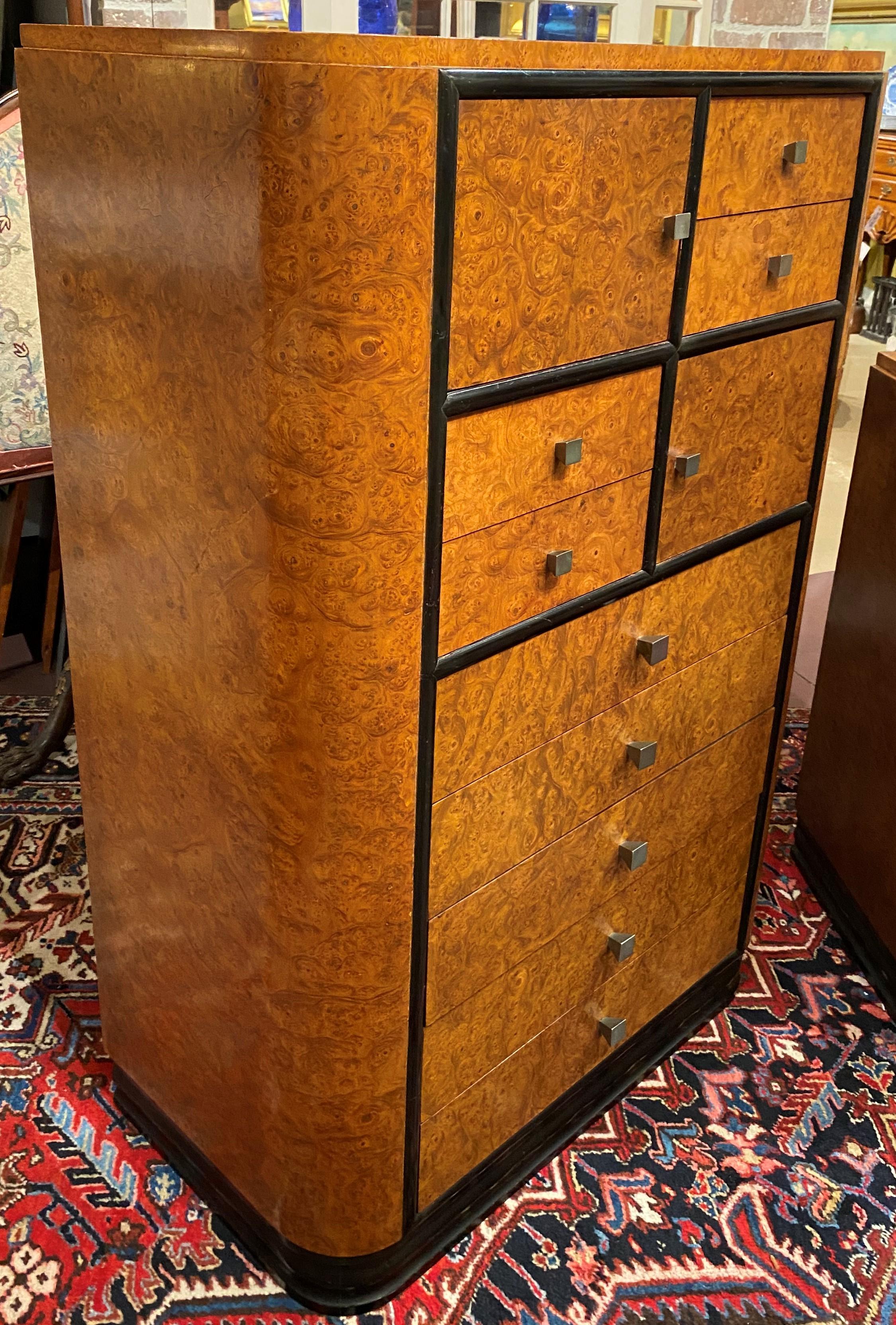 Ebonized Art Deco Tall Chest and Dresser with Carpathian Elm Burl Veneers