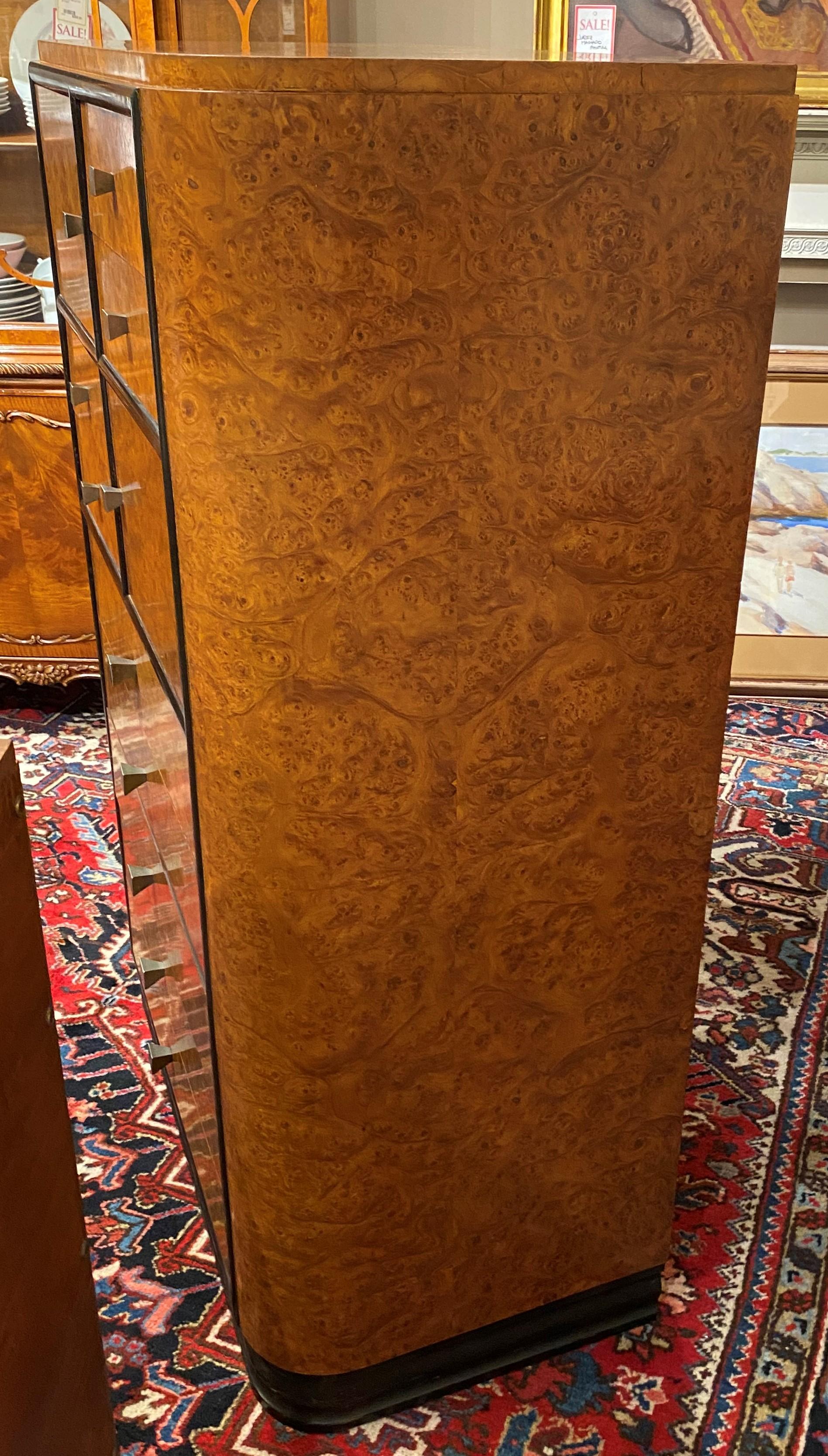 Art Deco Tall Chest and Dresser with Carpathian Elm Burl Veneers In Good Condition In Milford, NH
