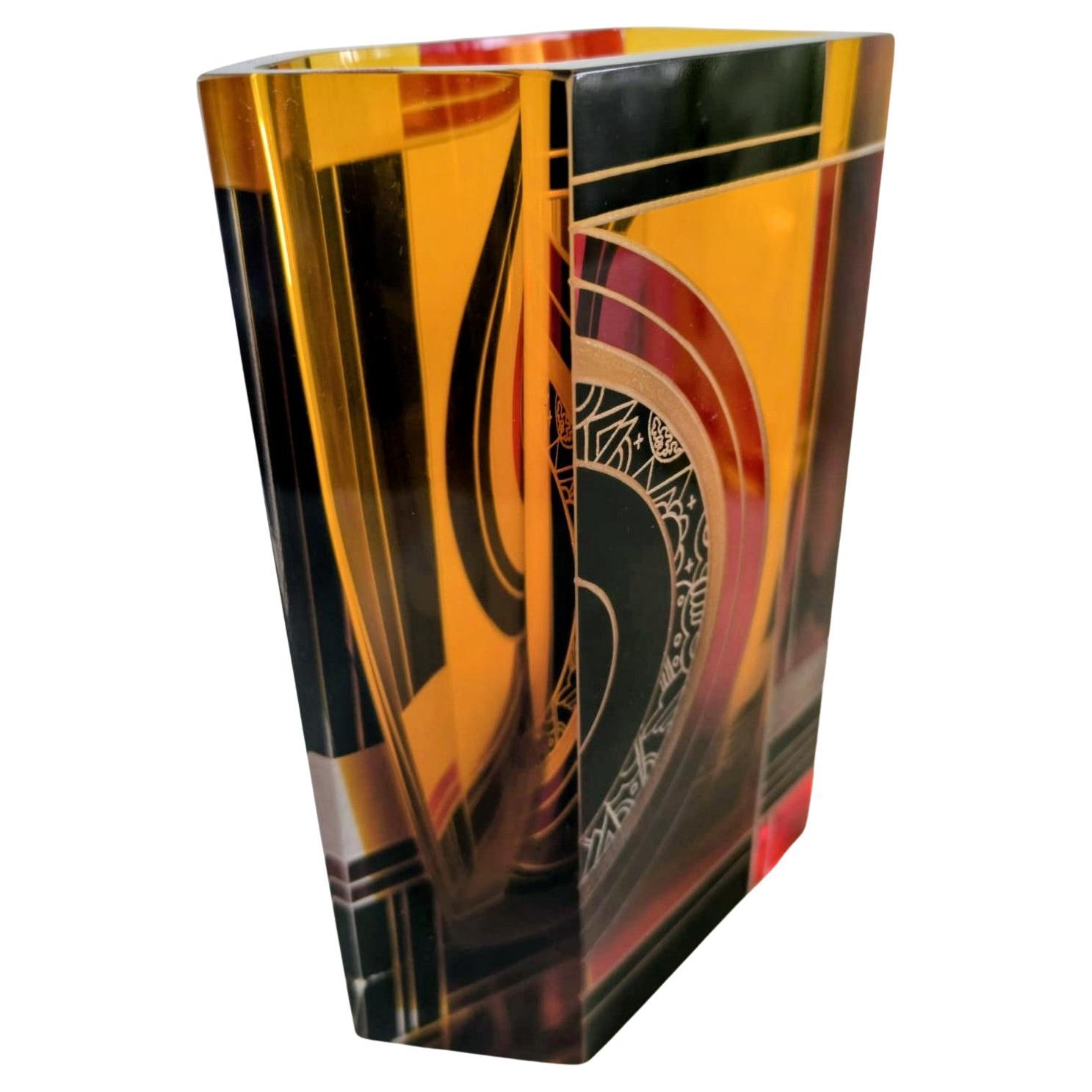 Vetro Vaso alto in vetro decorato con smalto geometrico Art Decor, 1930 ca. in vendita