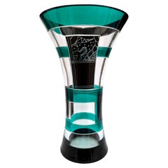 Art Deco Tall Geometric Enamel Decorated Glass Vase, c1930