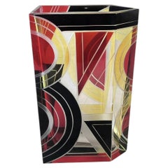 Art Deco Tall Geometric Enamel Decorated Glass Vase, c1930
