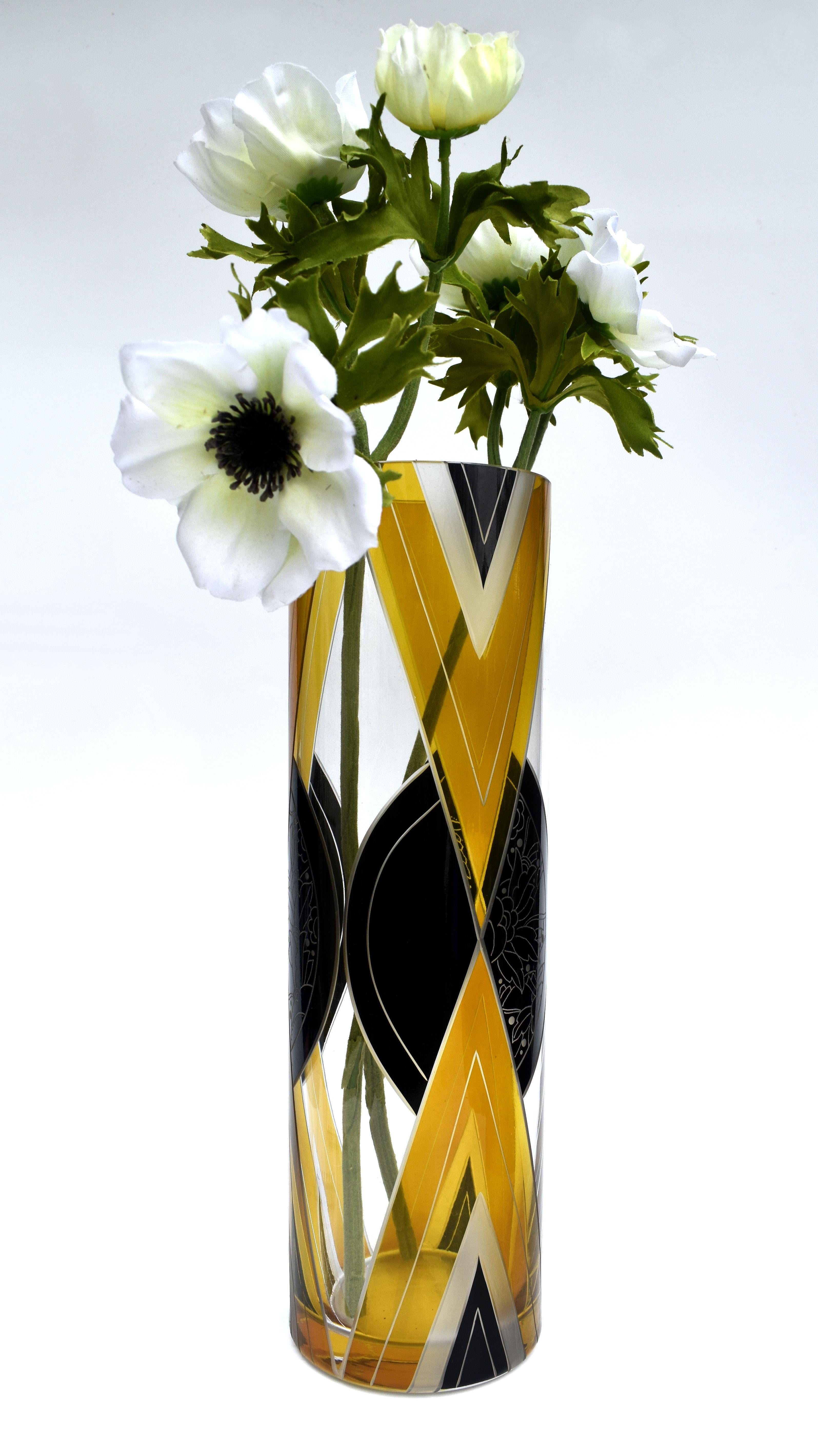Große geätzte Art-Déco-Vase aus Glas und Emaille von Karl Palda, um 1930 (Art déco) im Angebot