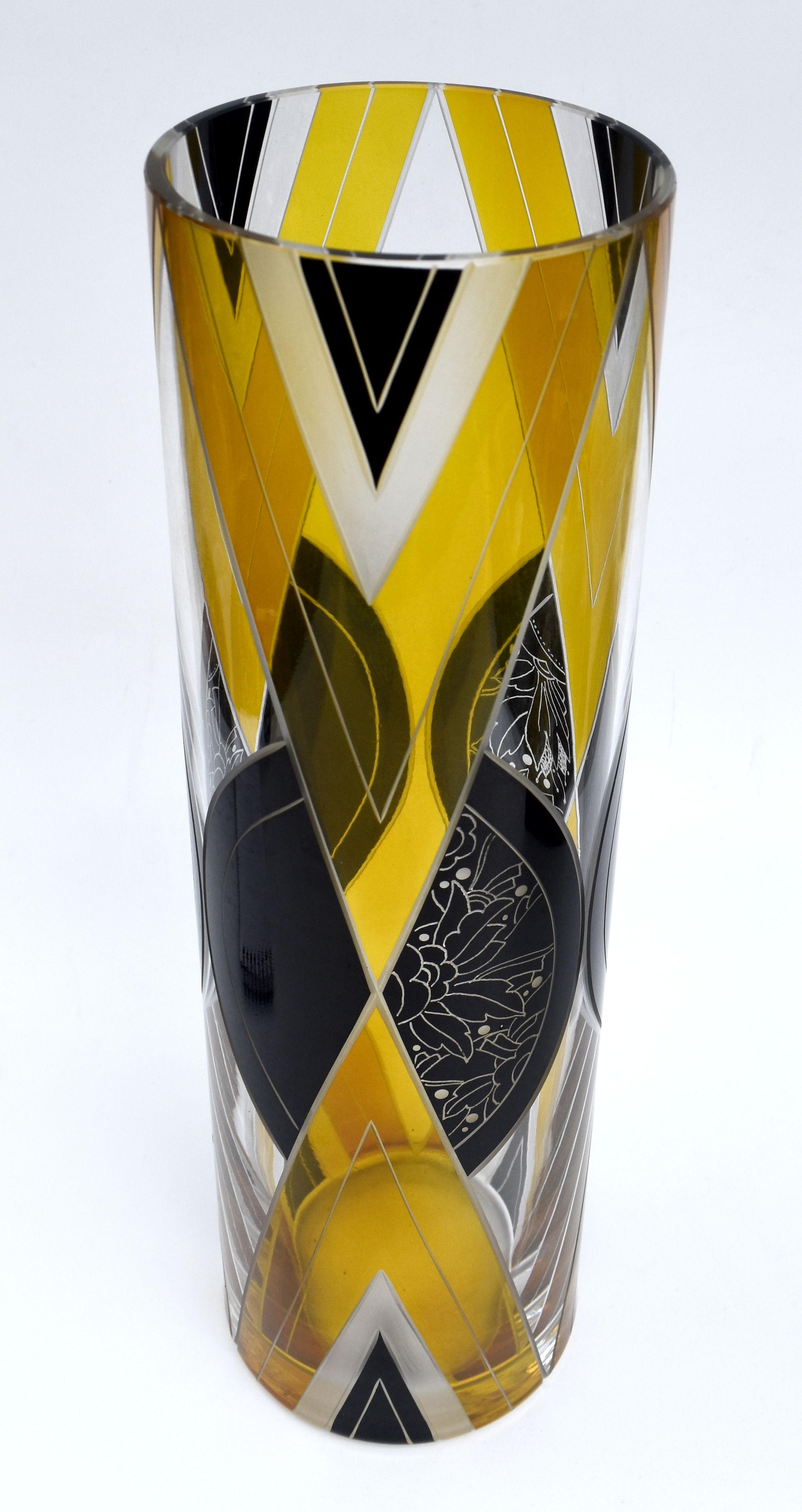 Czech Art Deco Tall Glass & Enamel Etched Vase by Karl Palda, c1930 For Sale