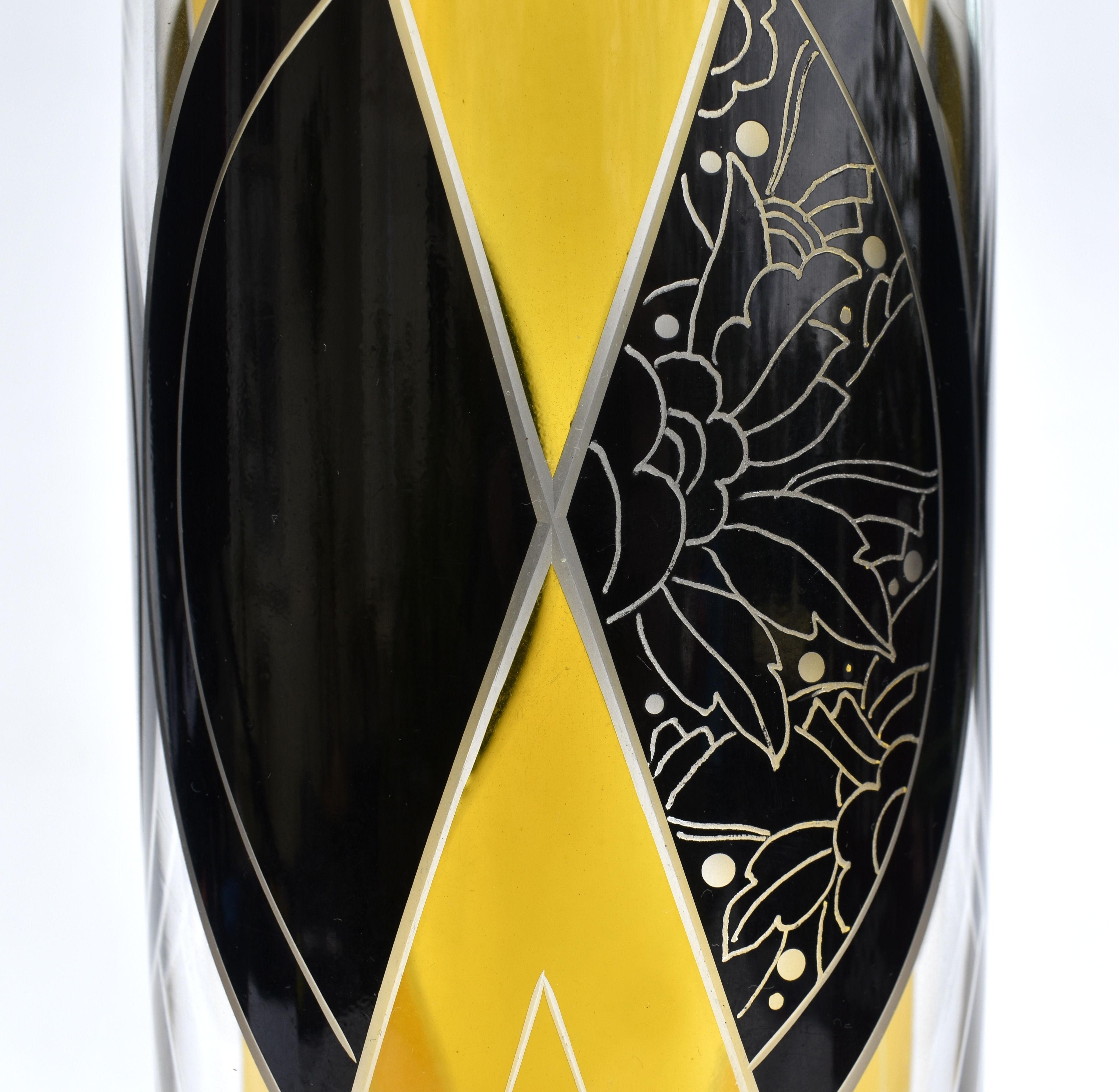 Art Deco Tall Glass & Enamel Etched Vase by Karl Palda, c1930 In Good Condition For Sale In Devon, England
