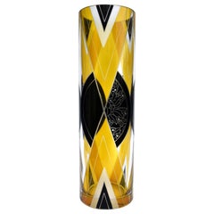 Art Deco Tall Glass & Enamel Etched Vase by Karl Palda, c1930