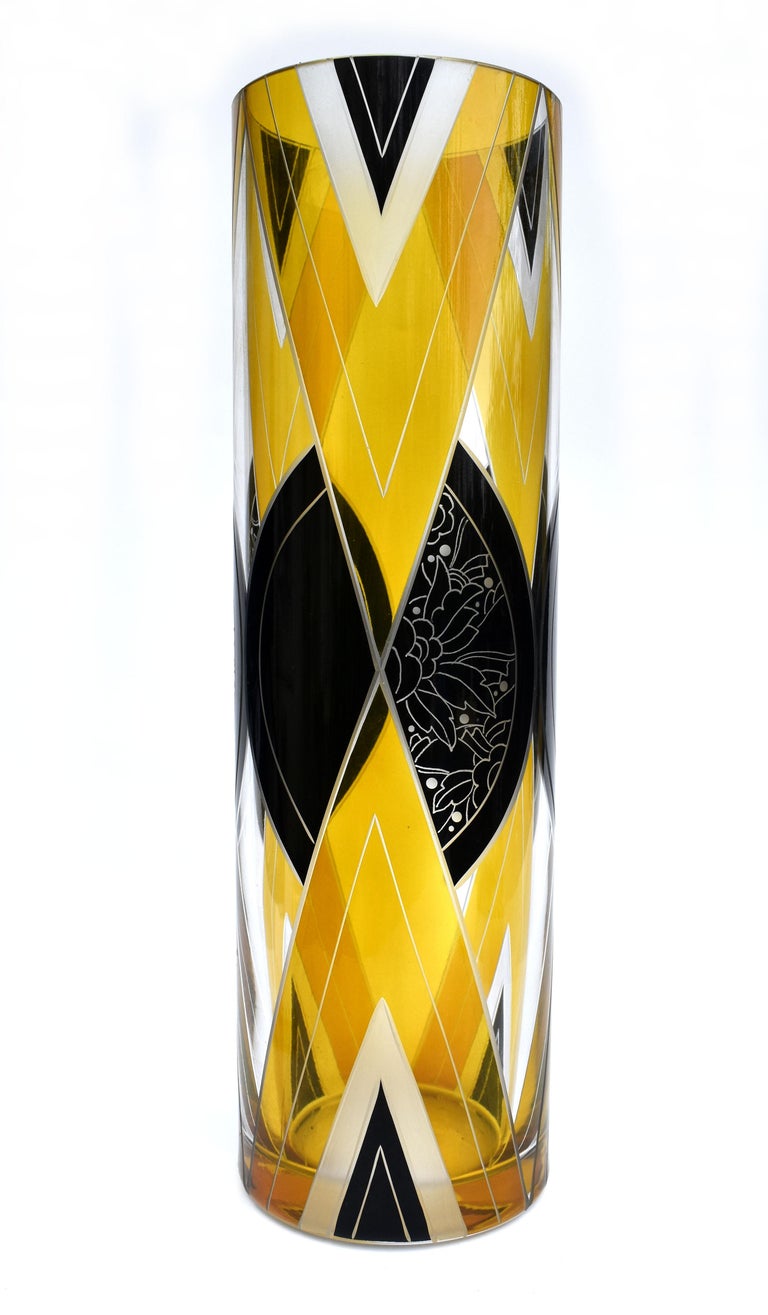 Art Deco Tall Glass and Enamel Etched Vase By Karl Palda, c1930 For