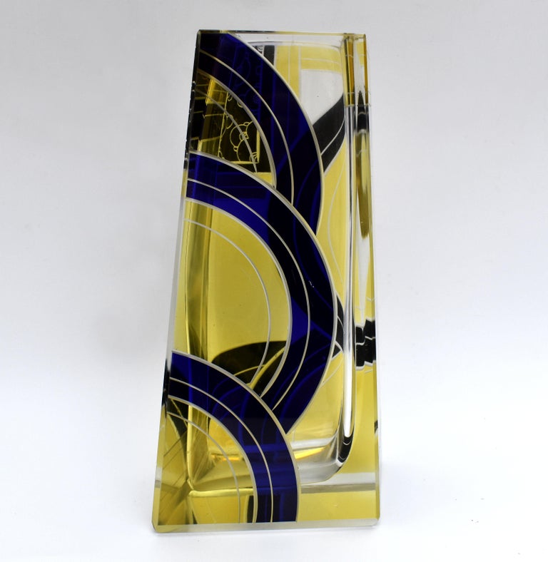 Art Deco Tall Glass and Enamel Etched Vase By Karl Palda, Czech