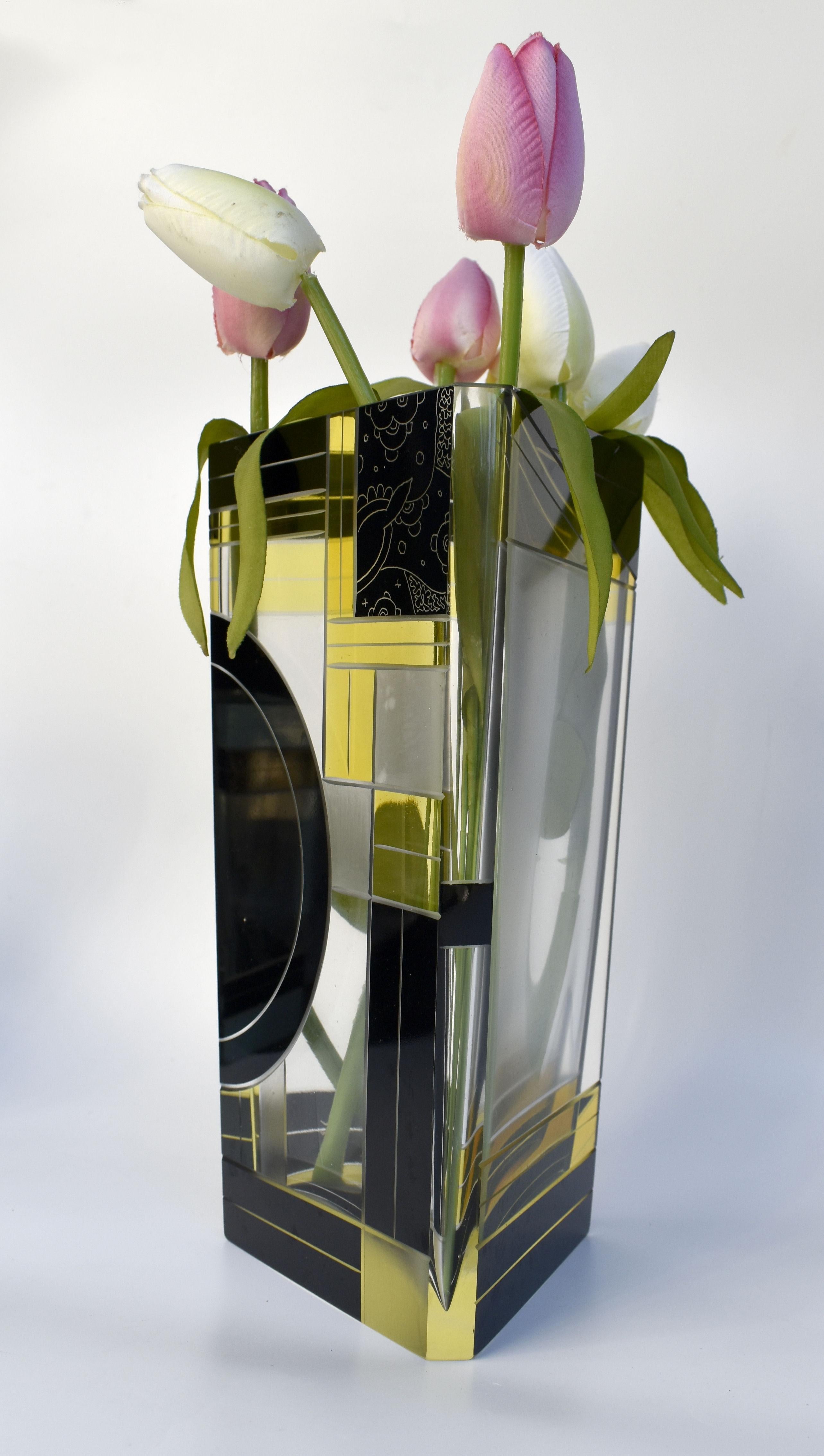 European Art Deco Tall Glass & Enamel Etched Vase By Karl Palda, Czech Republic, C1930