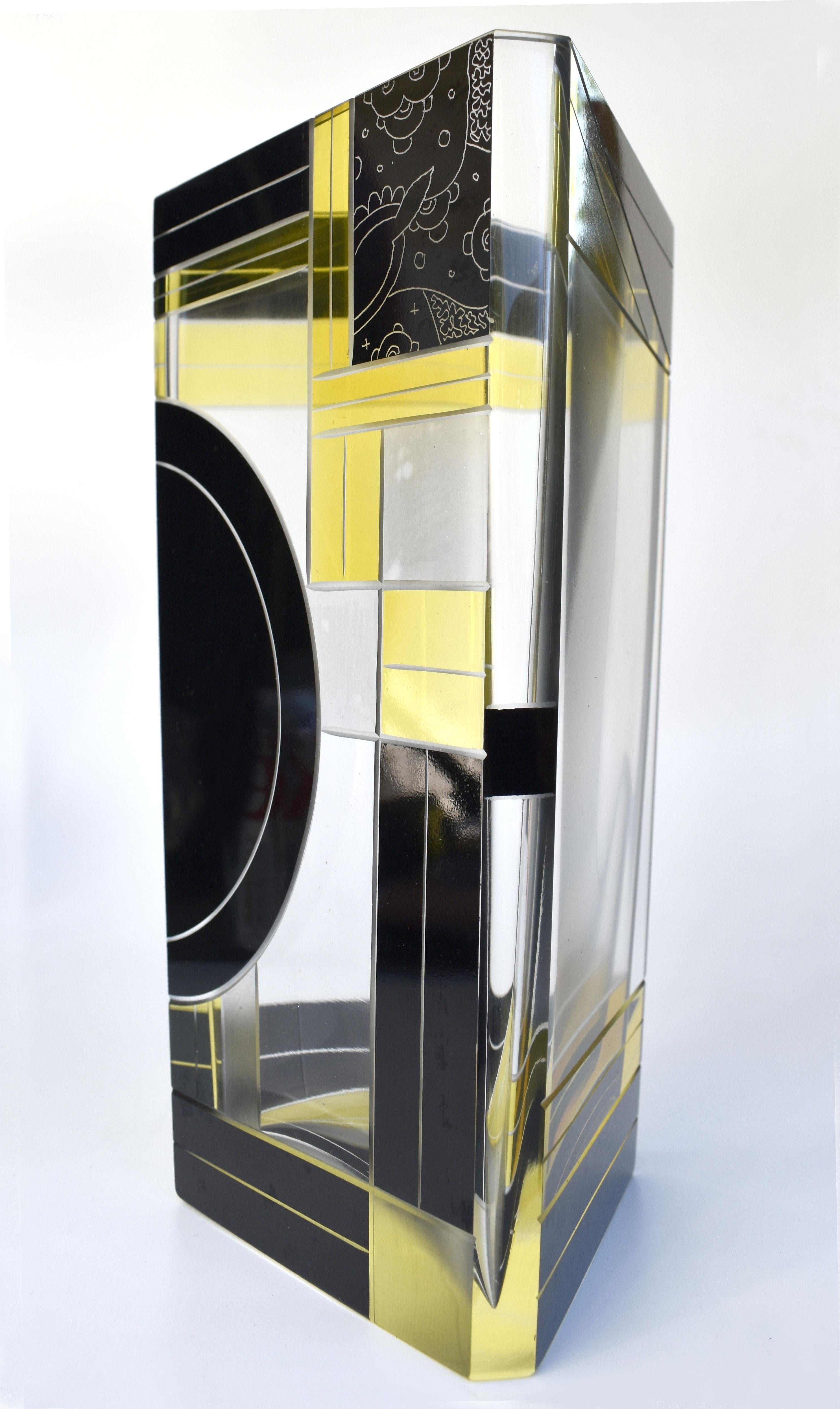 Art Deco Tall Glass & Enamel Etched Vase By Karl Palda, Czech Republic, C1930 In Good Condition In Devon, England