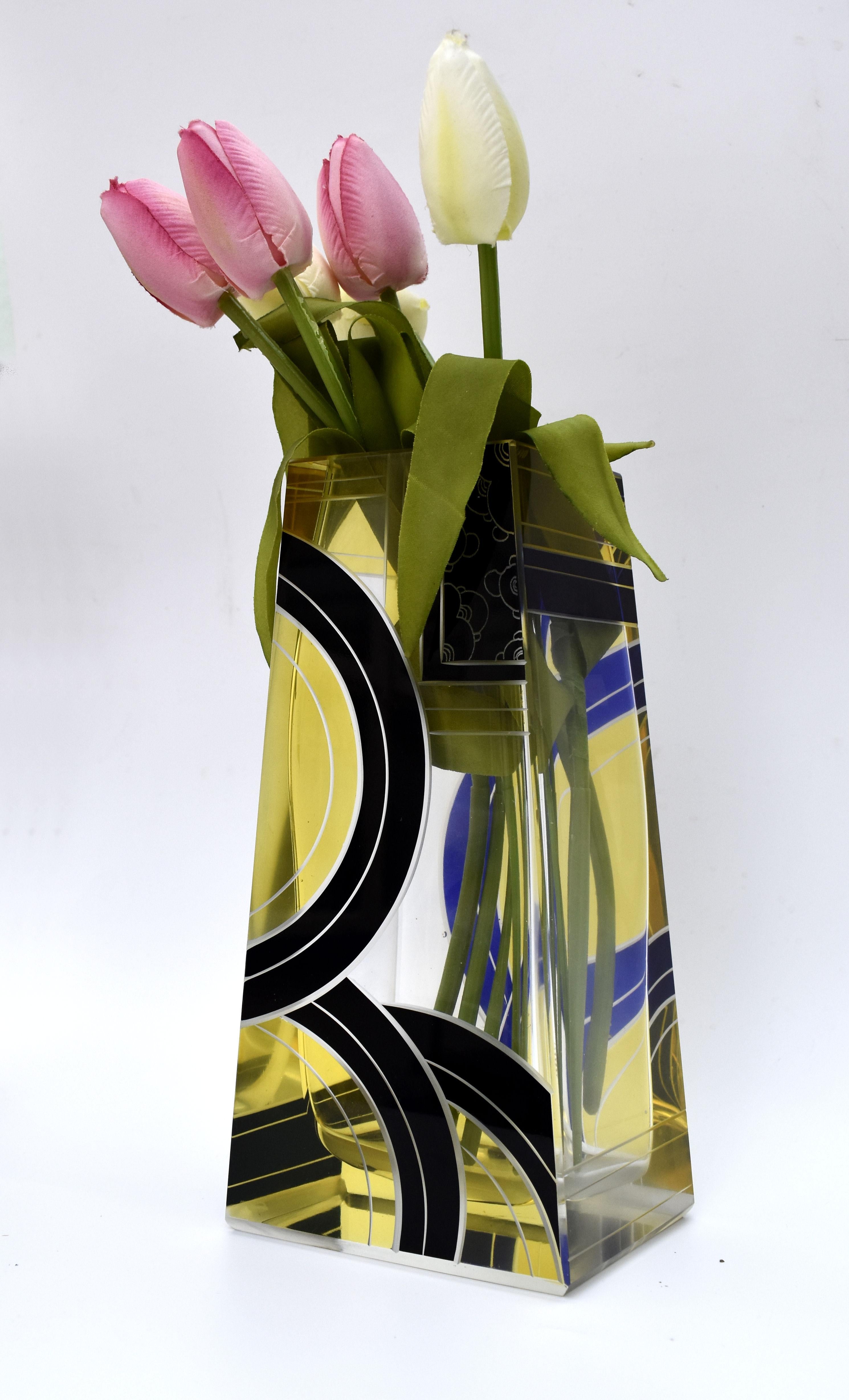 Große geätzte Art-Déco-Vase aus Glas und Emaille von Karl Palda, Tschechische Republik, um 1930 (Art déco) im Angebot
