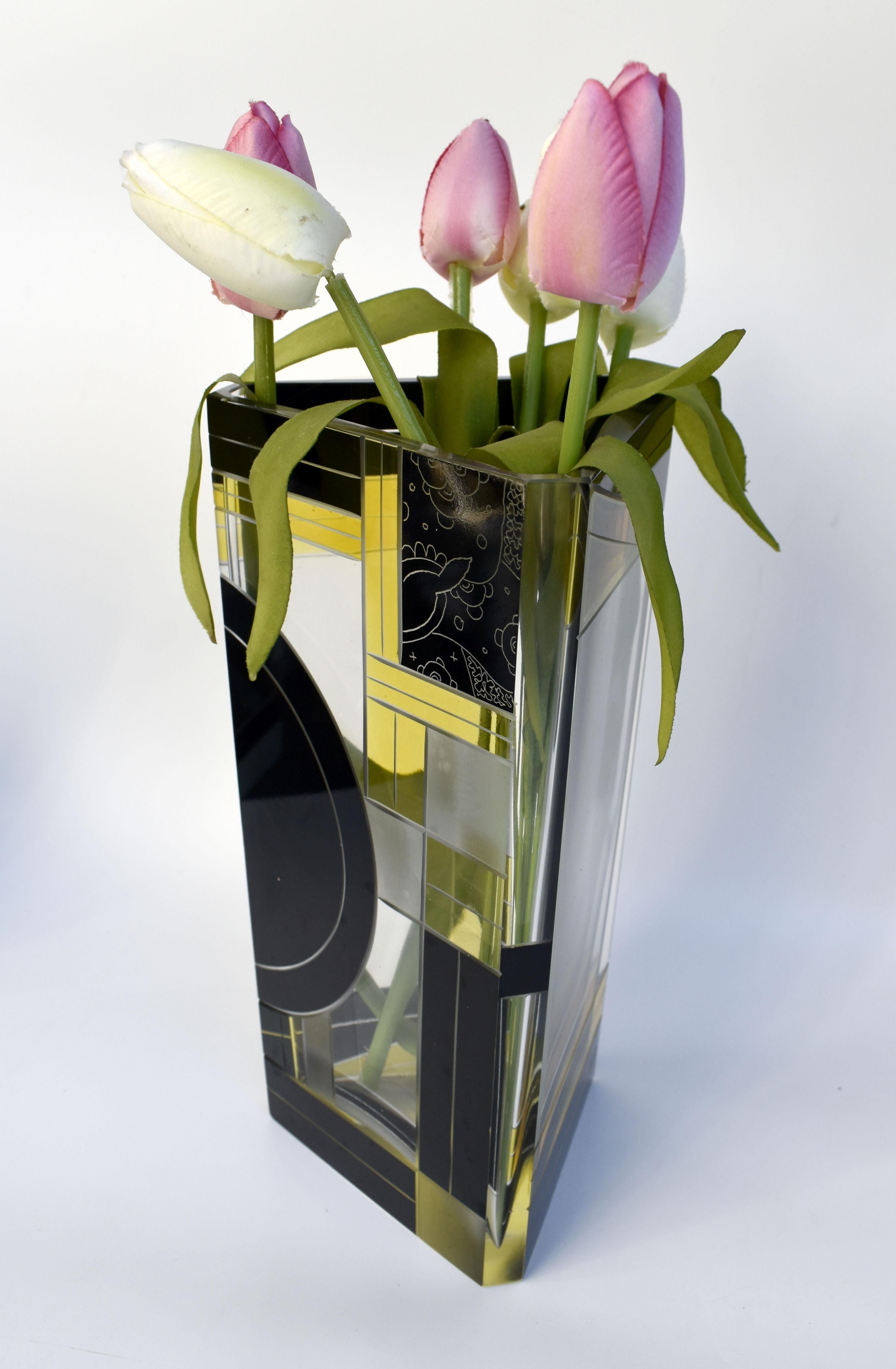 Art Deco Tall Glass & Enamel Etched Vase By Karl Palda, Czech Republic, C1930 2