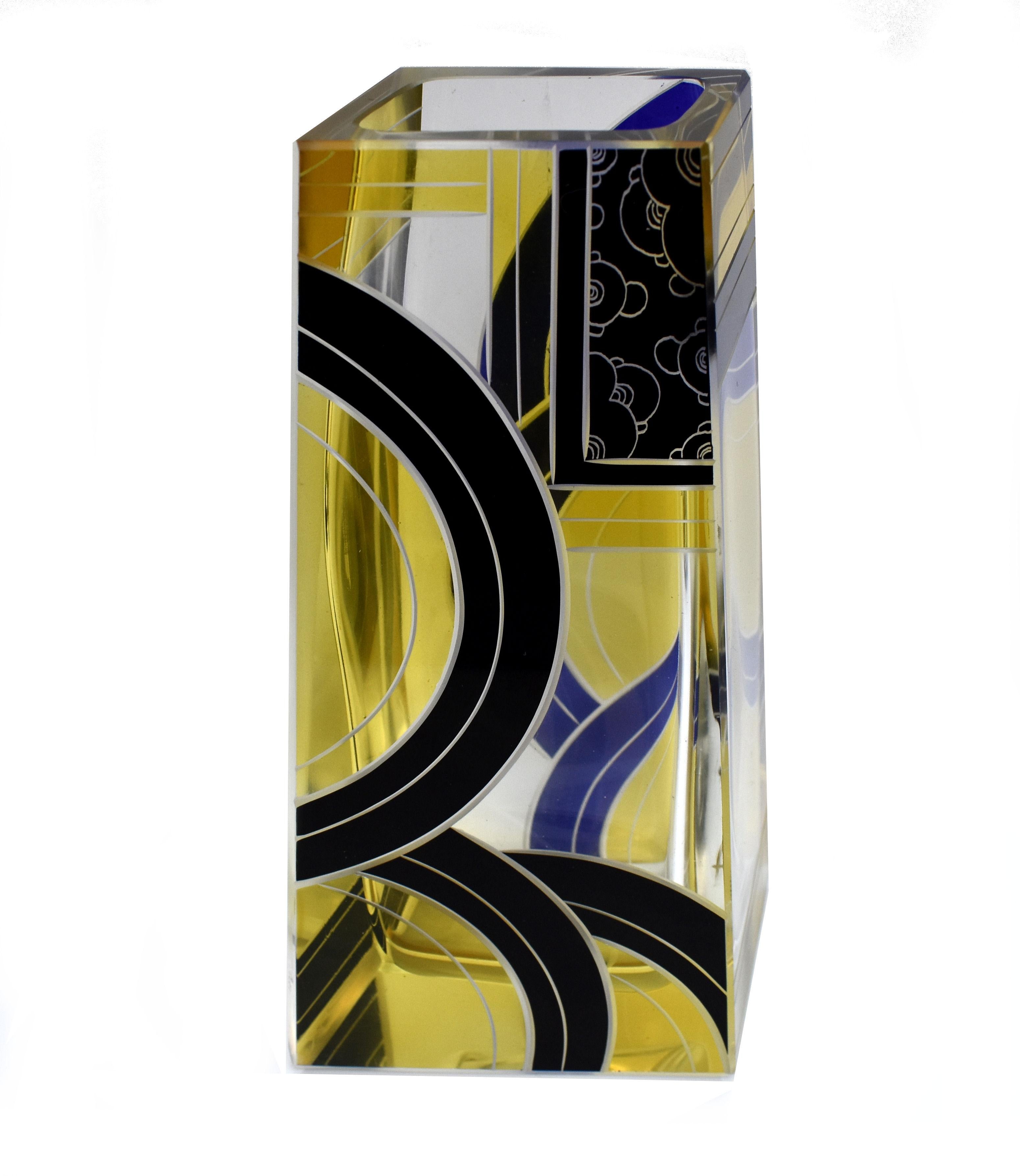20th Century Art Deco Tall Glass & Enamel Etched Vase By Karl Palda, Czech Republic, C1930 For Sale