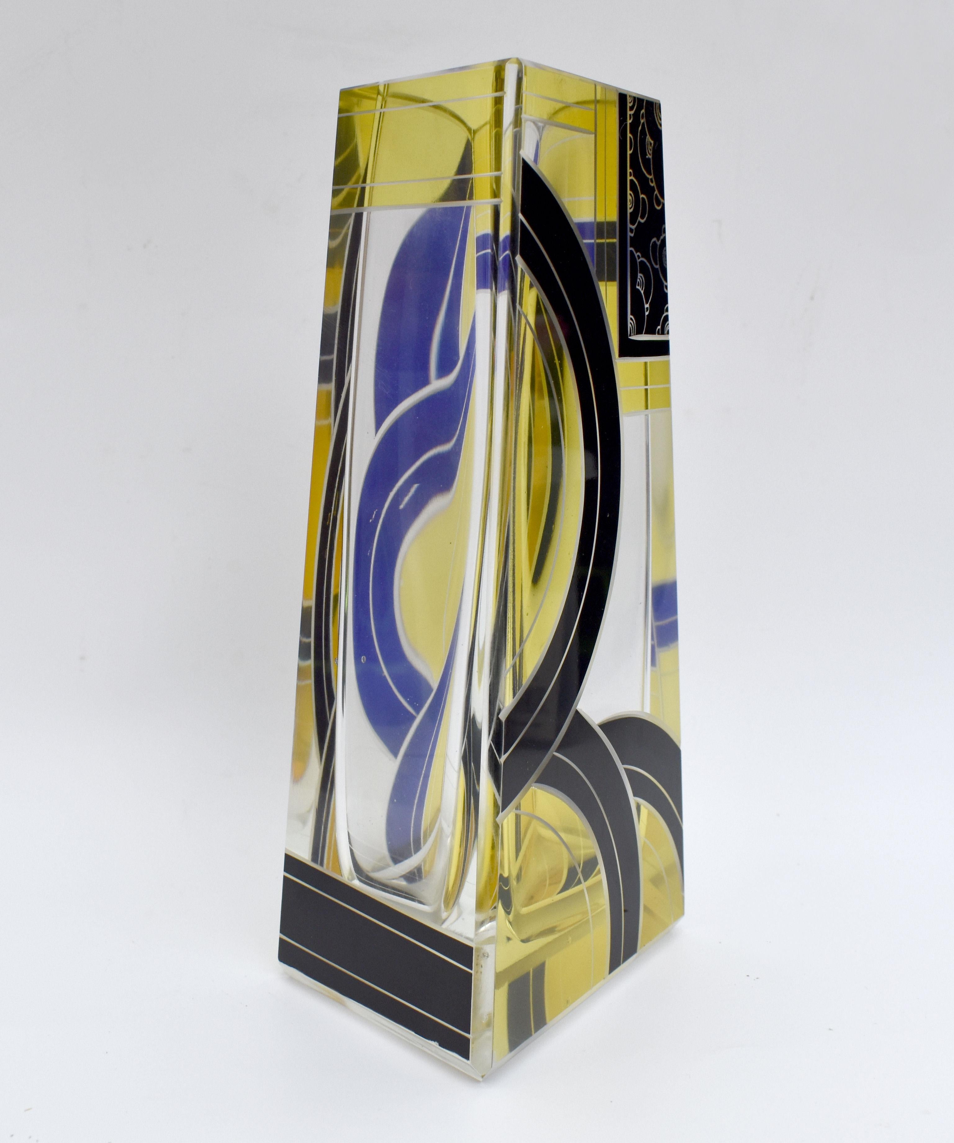 Art Deco Tall Glass & Enamel Etched Vase By Karl Palda, Czech Republic, C1930 For Sale 1