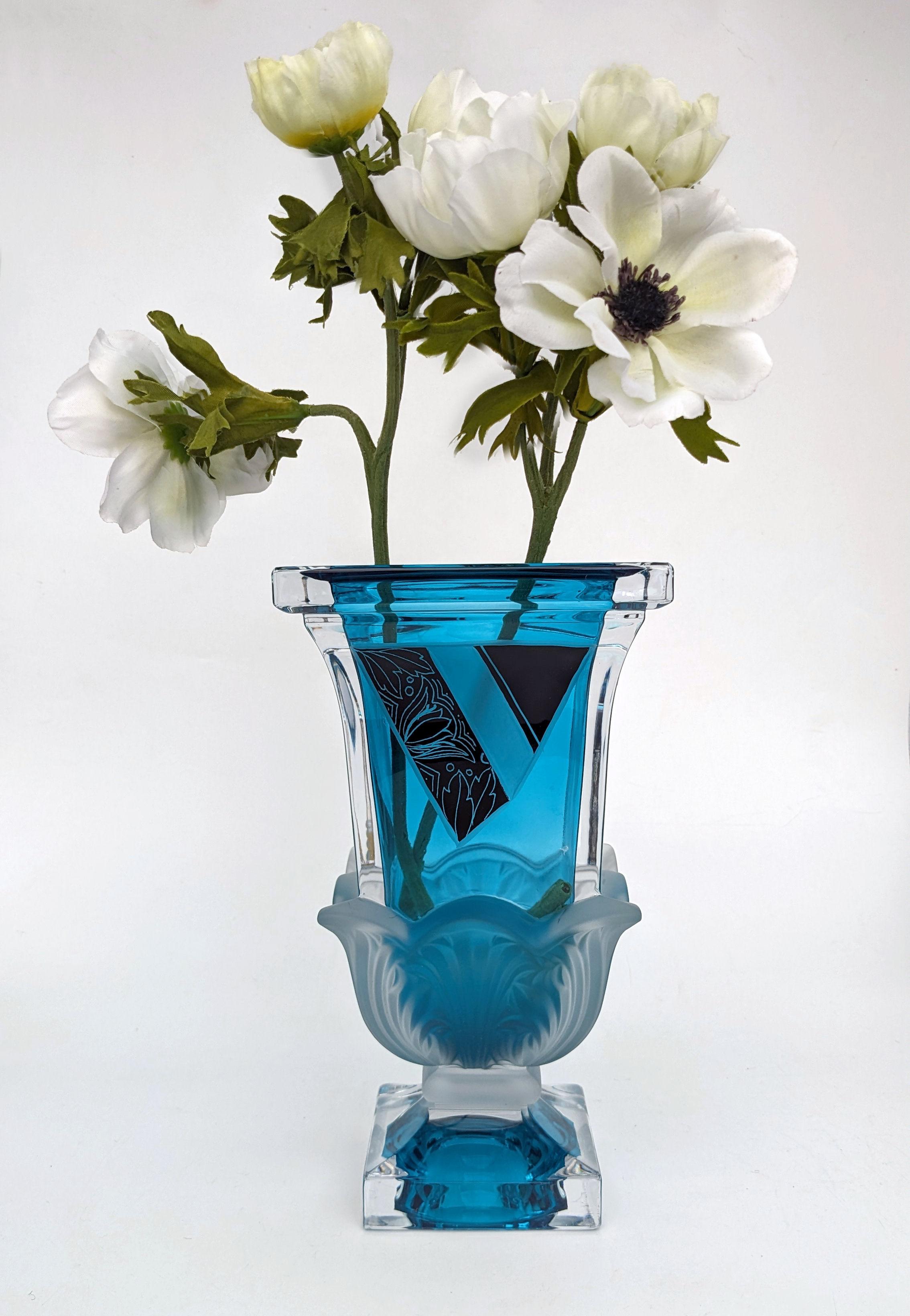 Art Deco Tall Glass & Enamel Etched Vase, Czech Republic, C1930 For Sale 3