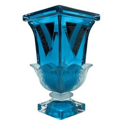 Art Deco Tall Glass & Enamel Etched Vase, Czech Republic, C1930