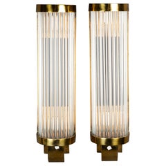 Art deco tall pair of glass tube and polished bronze sonces - C. 1950