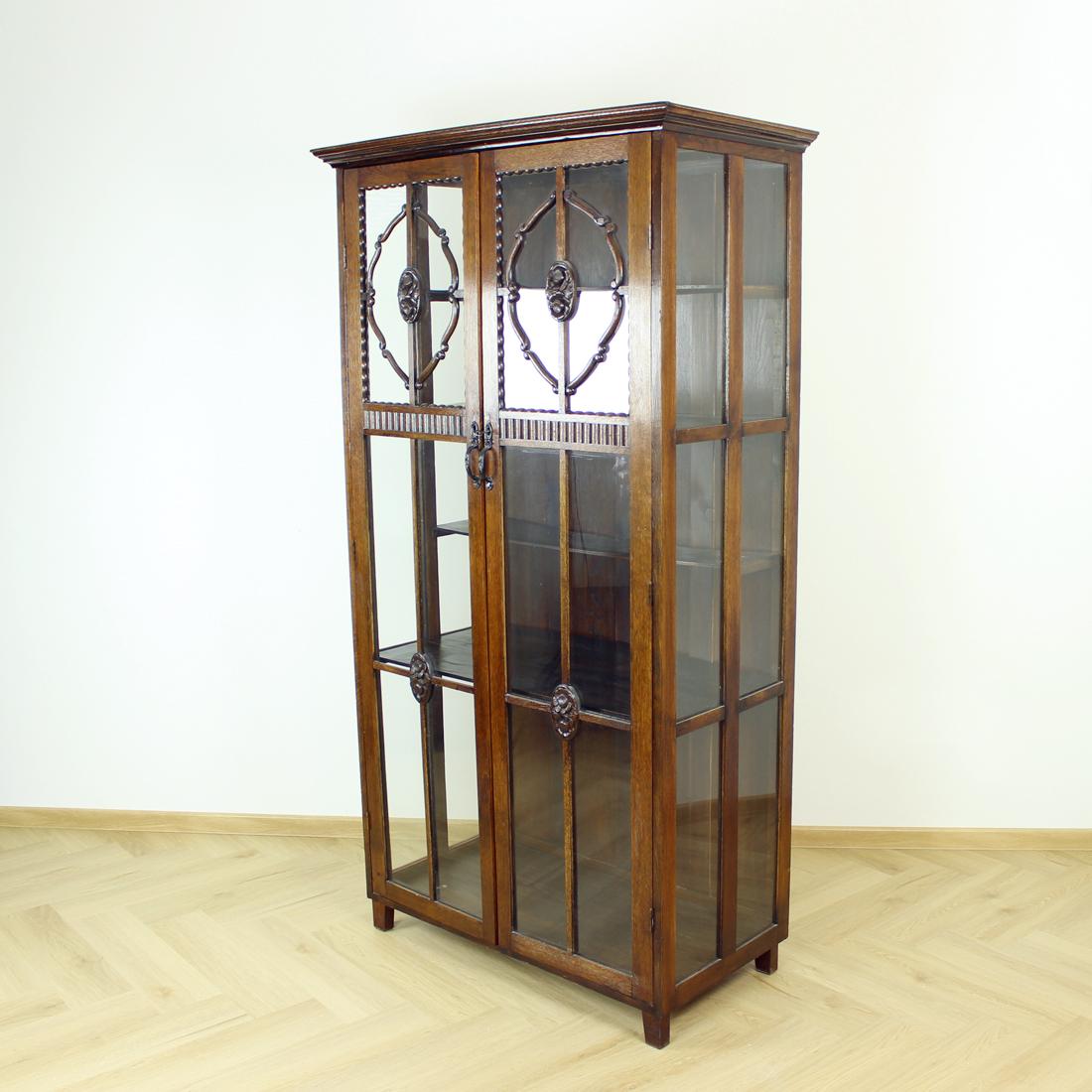 Art Deco Tall Showcase in Oak and Glass, Czechoslovakia, 1910s 6